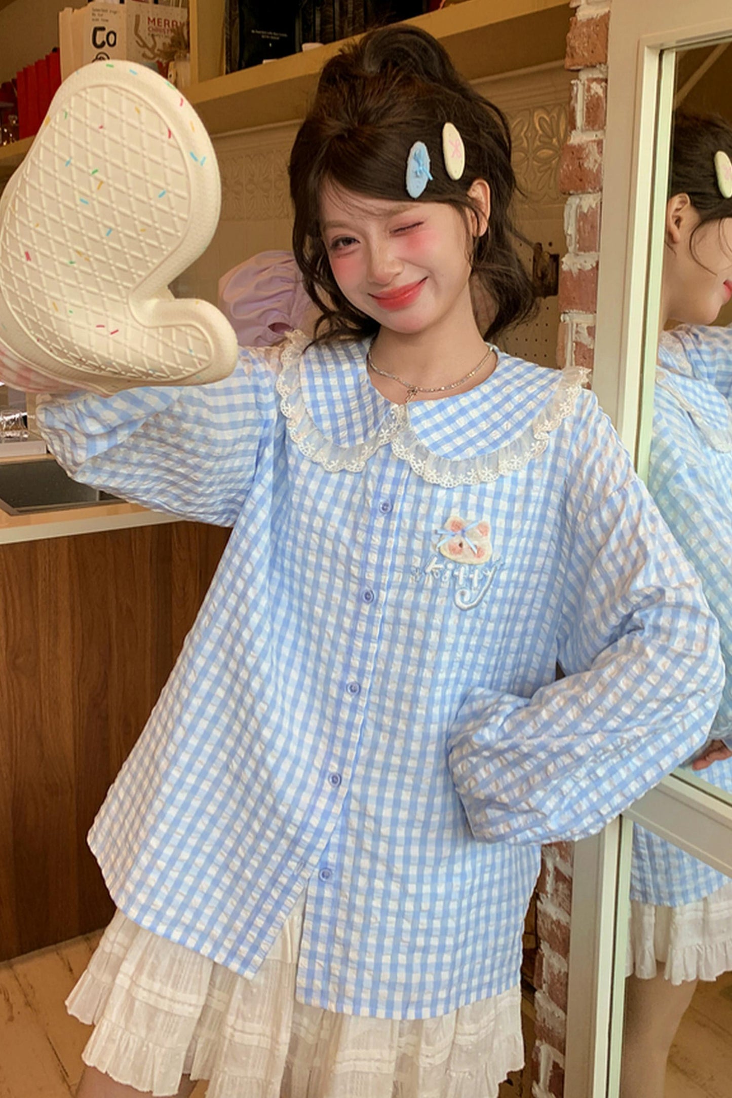 Cat Check Doll Collar Blouse