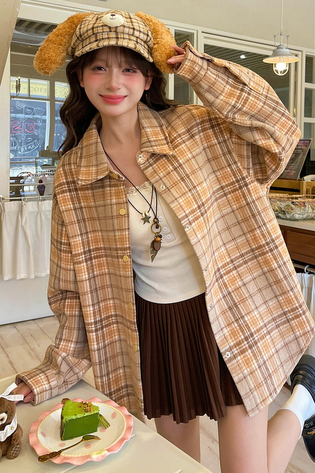 Retro Plaid Preppy Blouse Khaki