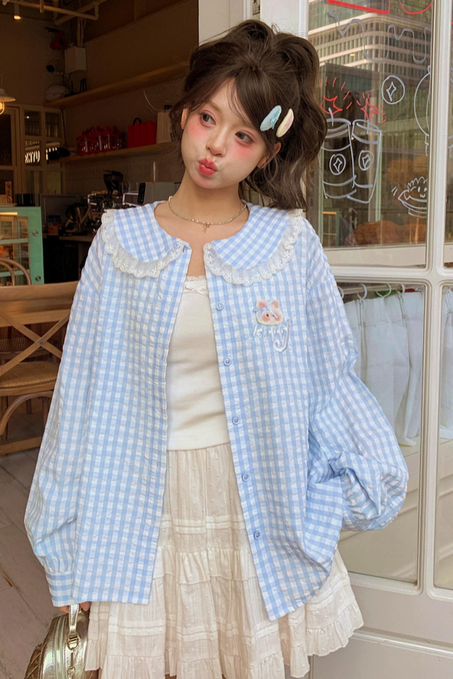 Cat Check Doll Collar Blouse
