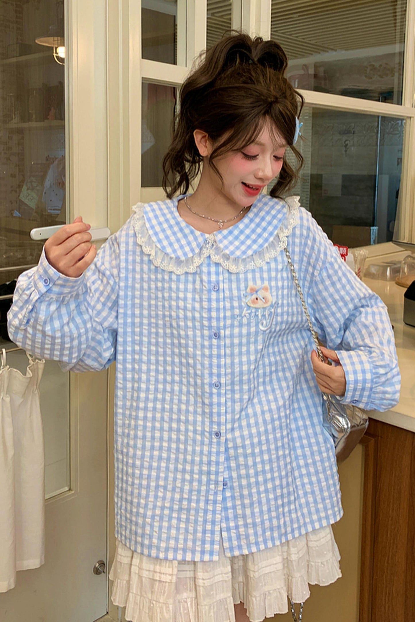Cat Check Doll Collar Blouse
