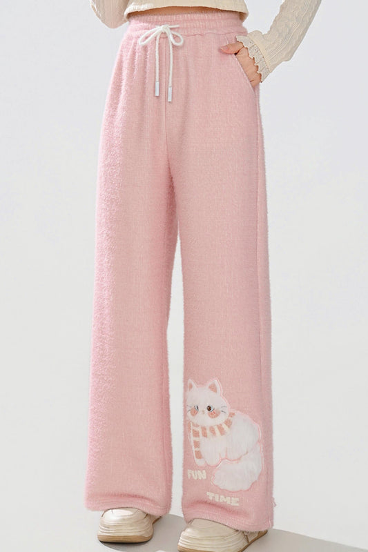Pink Plush Cat Embroidery Pants