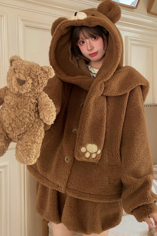 Bear Hooded Fleece Jacket + Pants Jacket
