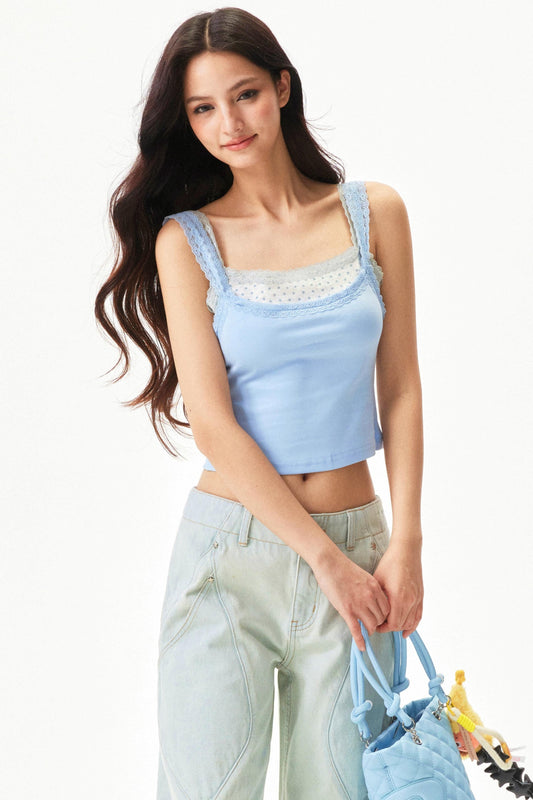 Star Print Lace Trim Tank Top