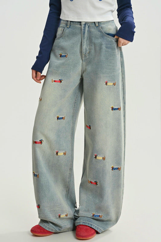 Wax Dog Embroidery Jeans