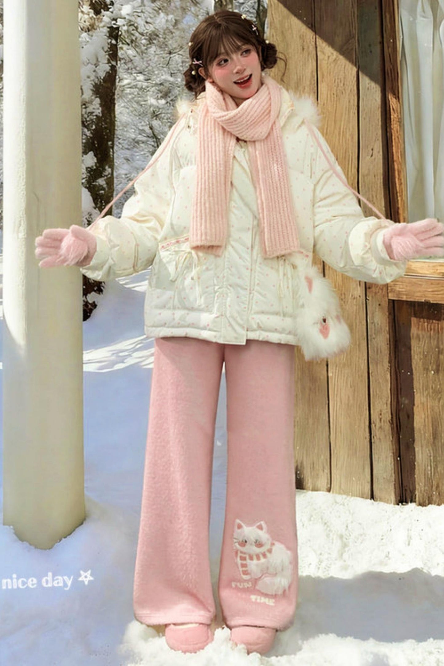 Pink Plush Cat Embroidery Pants