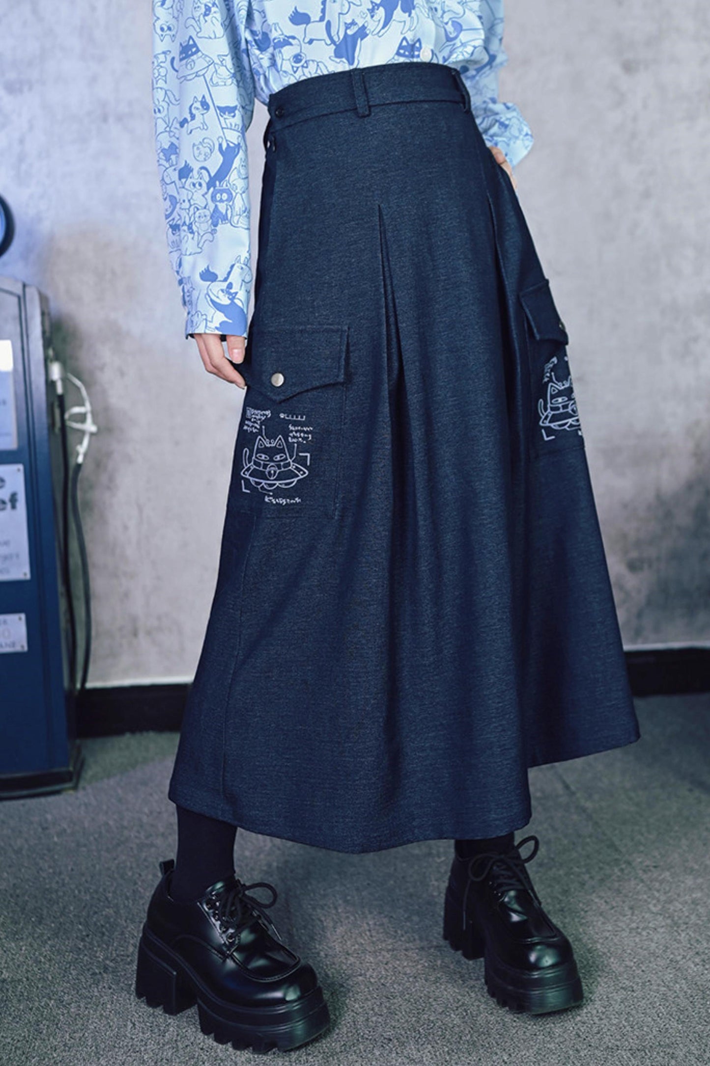 Cat Print Denim Skirt