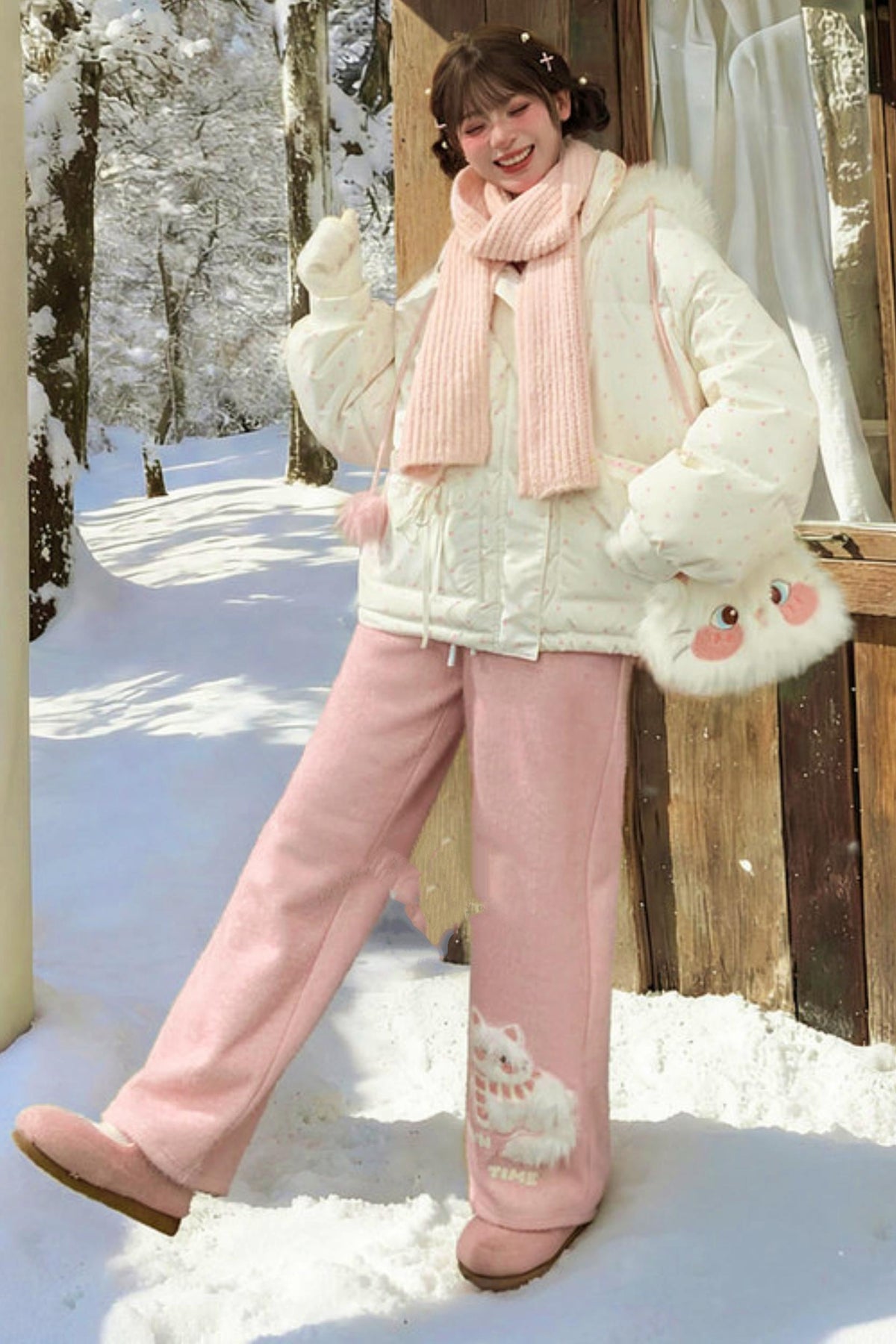Pink Plush Cat Embroidery Pants