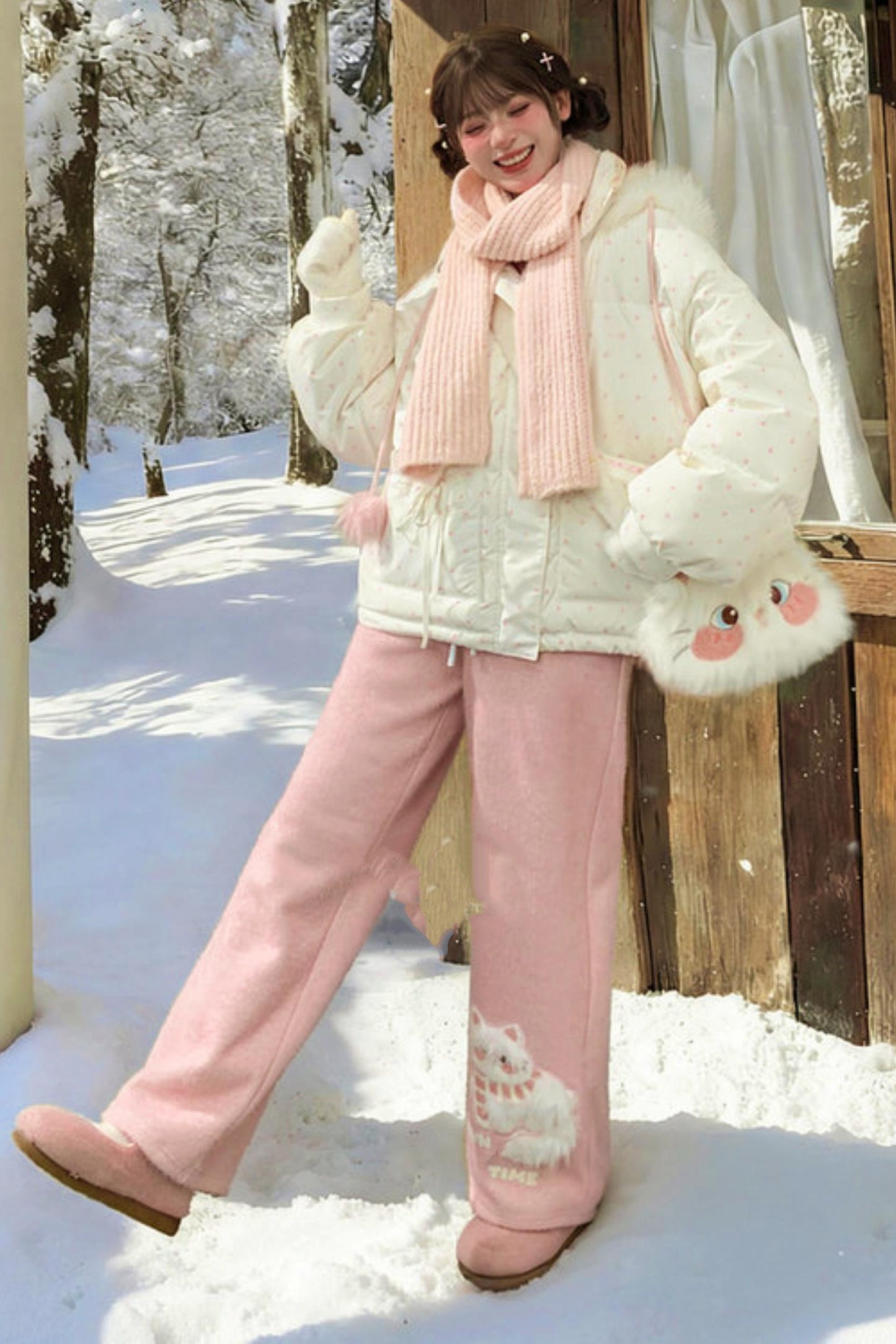 Pink Plush Cat Embroidery Pants