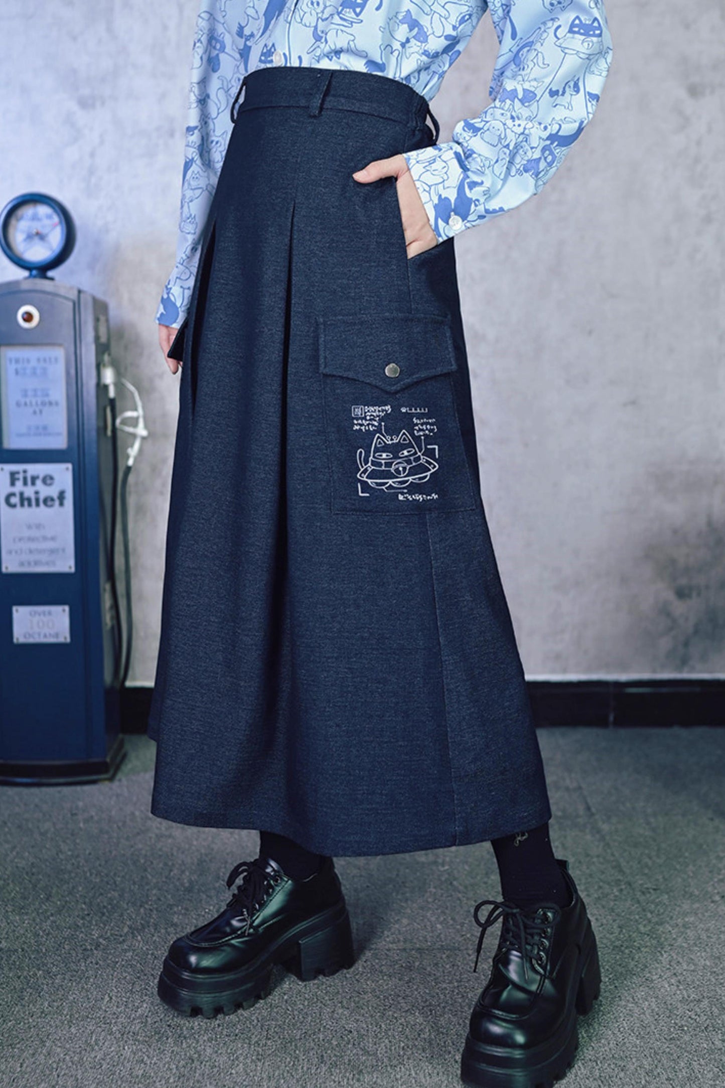 Cat Print Denim Skirt