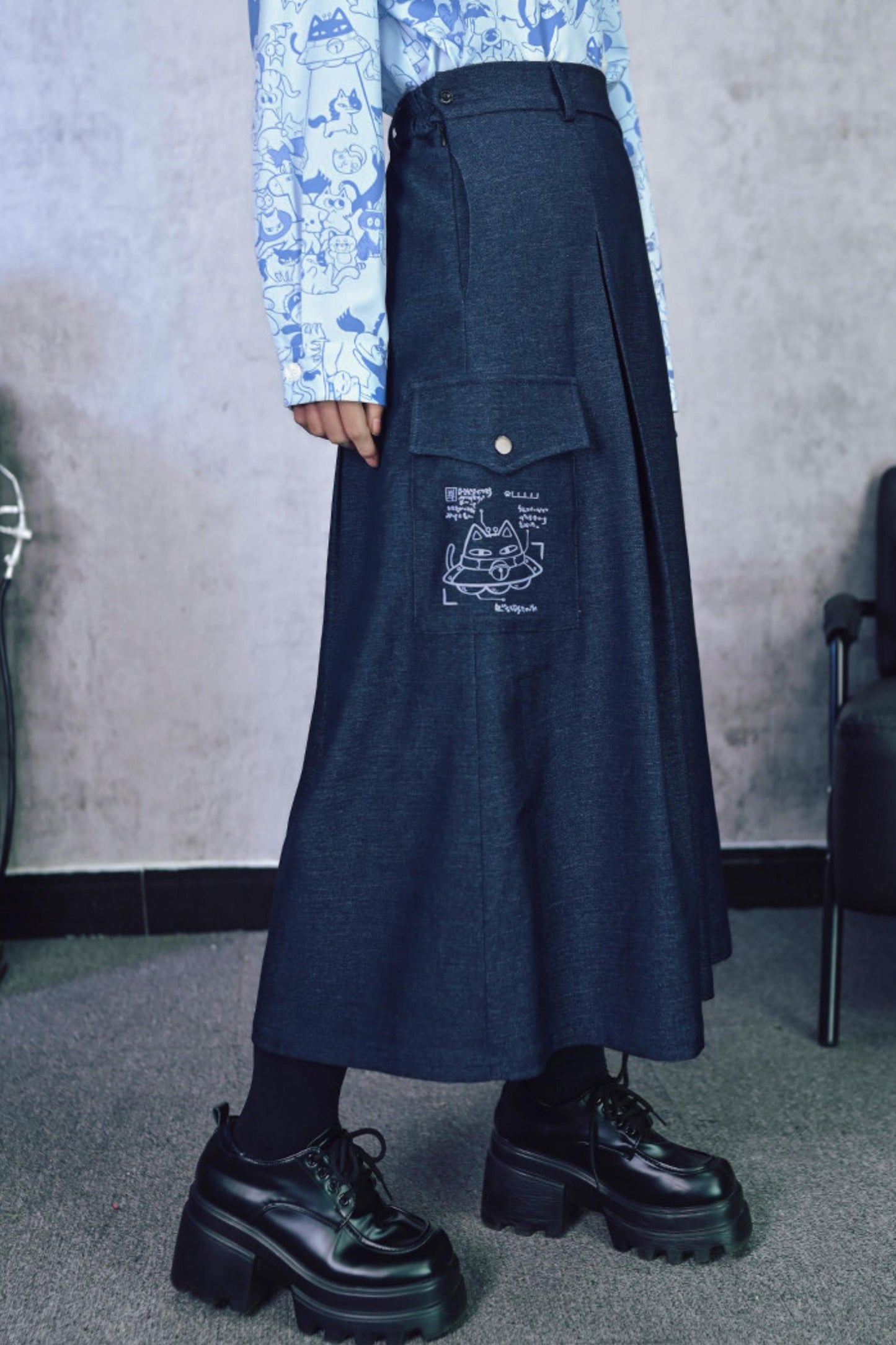 Cat Print Denim Skirt