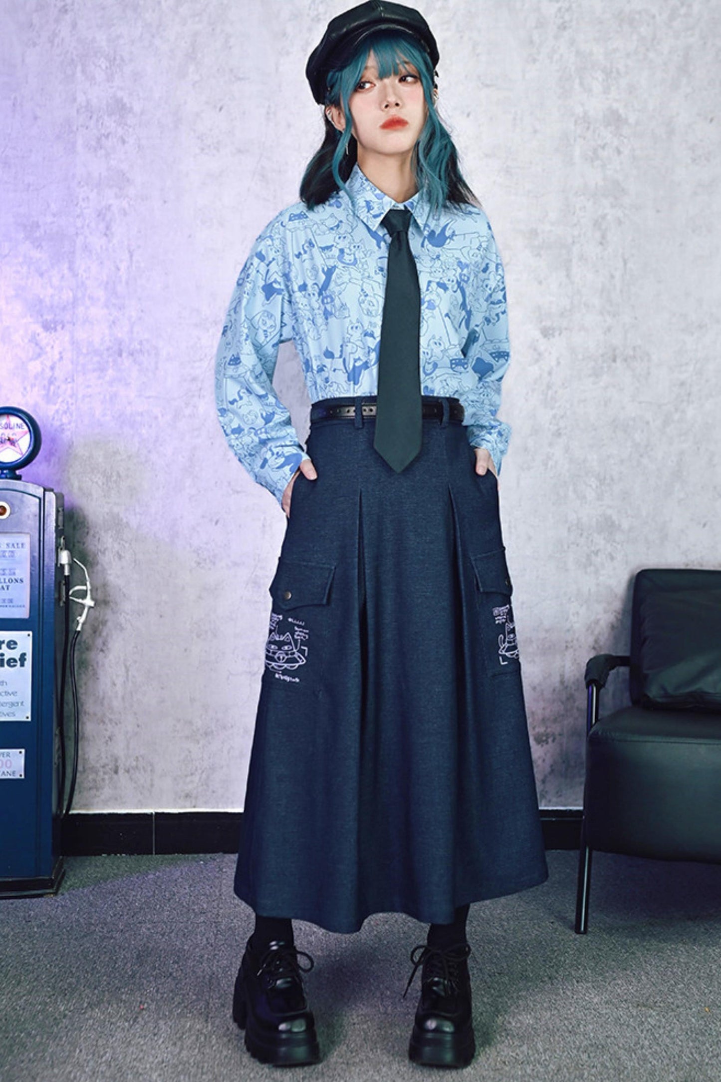 Cat Print Denim Skirt