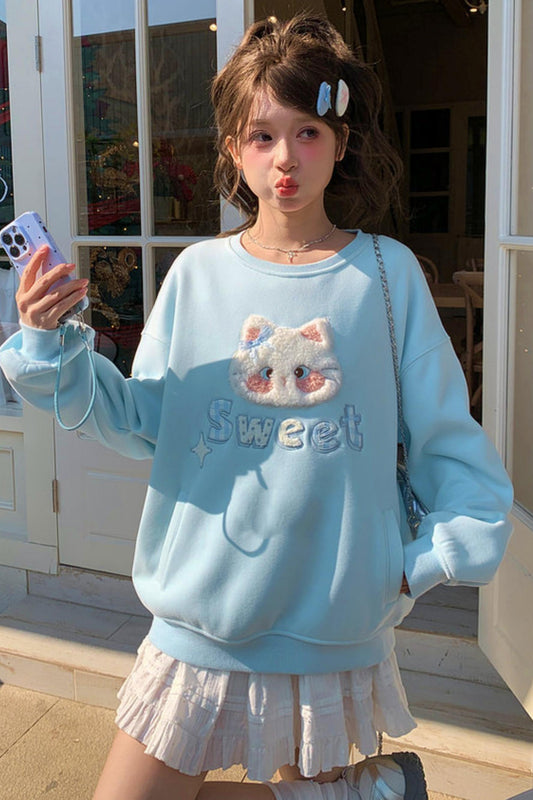 Cute Cat Embroidered Sweatshirt