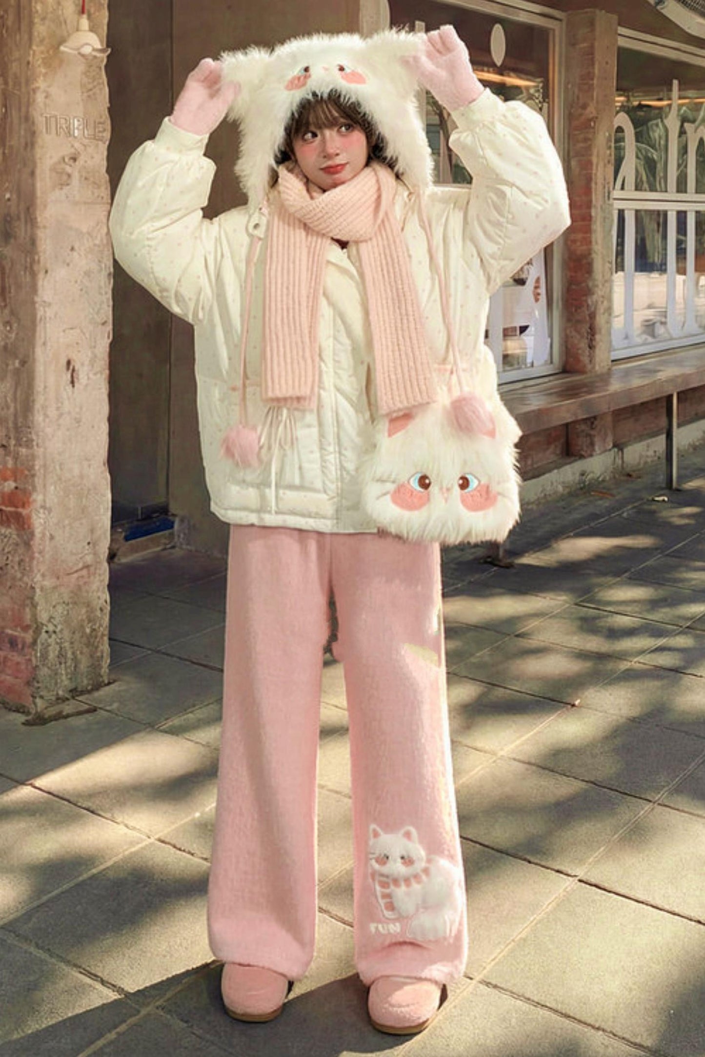 Pink Plush Cat Embroidery Pants