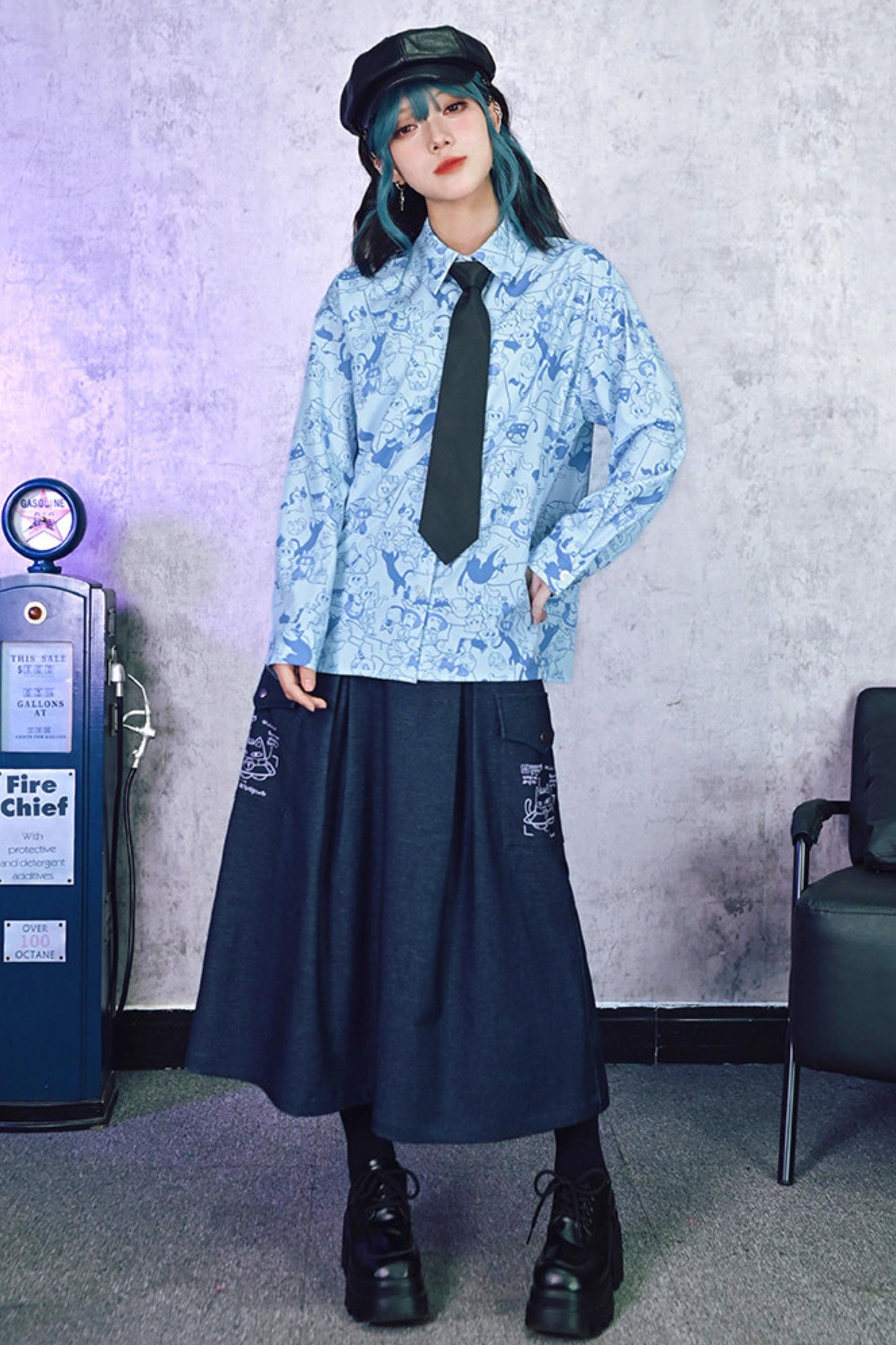 Cat Print Denim Skirt