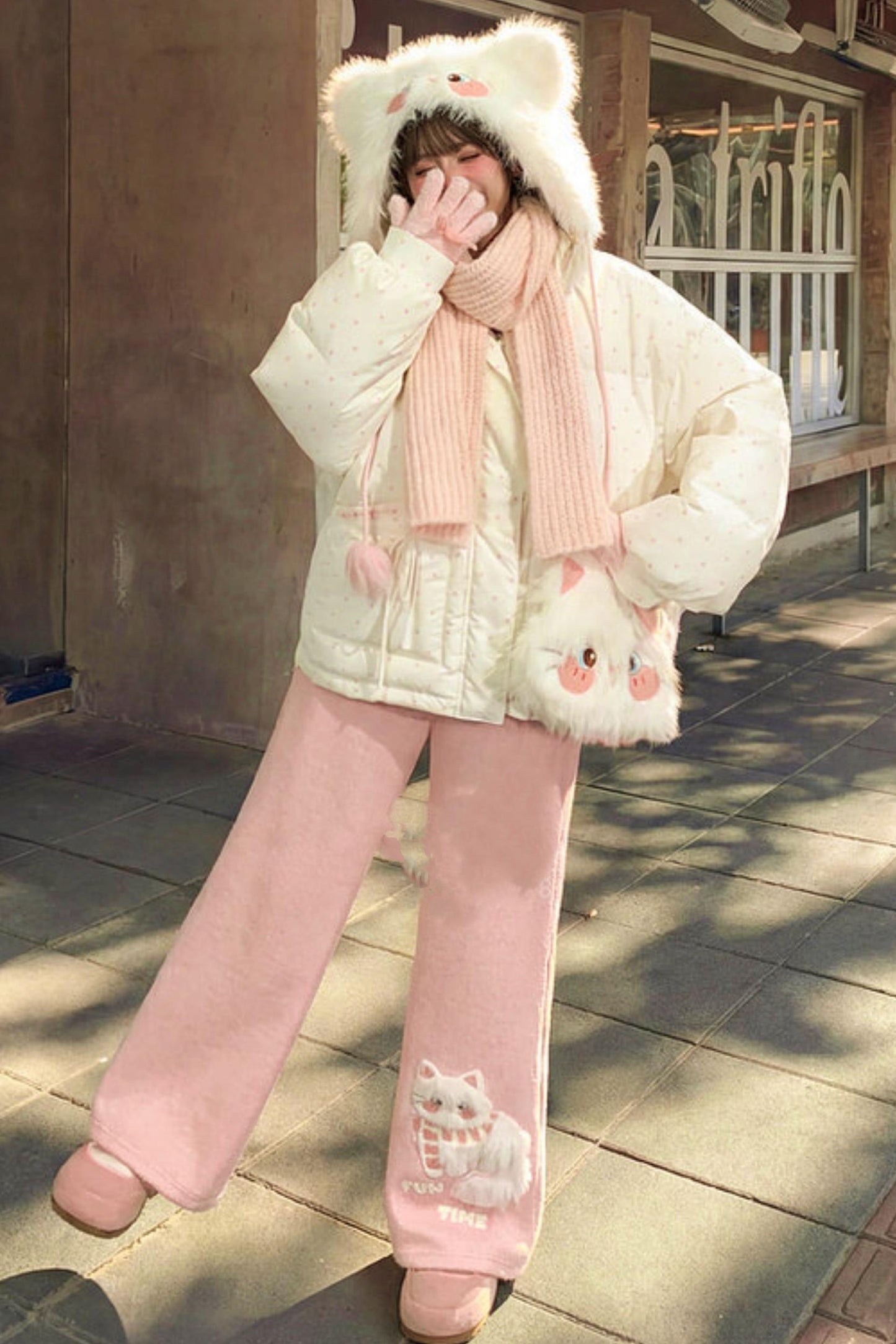 Pink Plush Cat Embroidery Pants