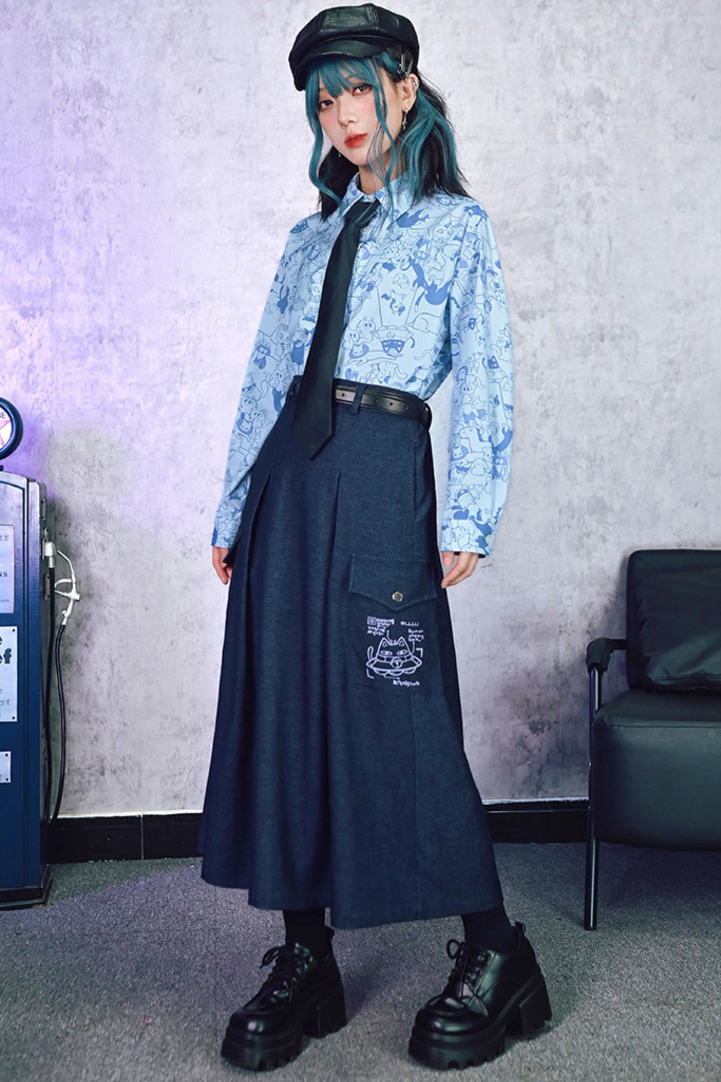 Cat Print Denim Skirt