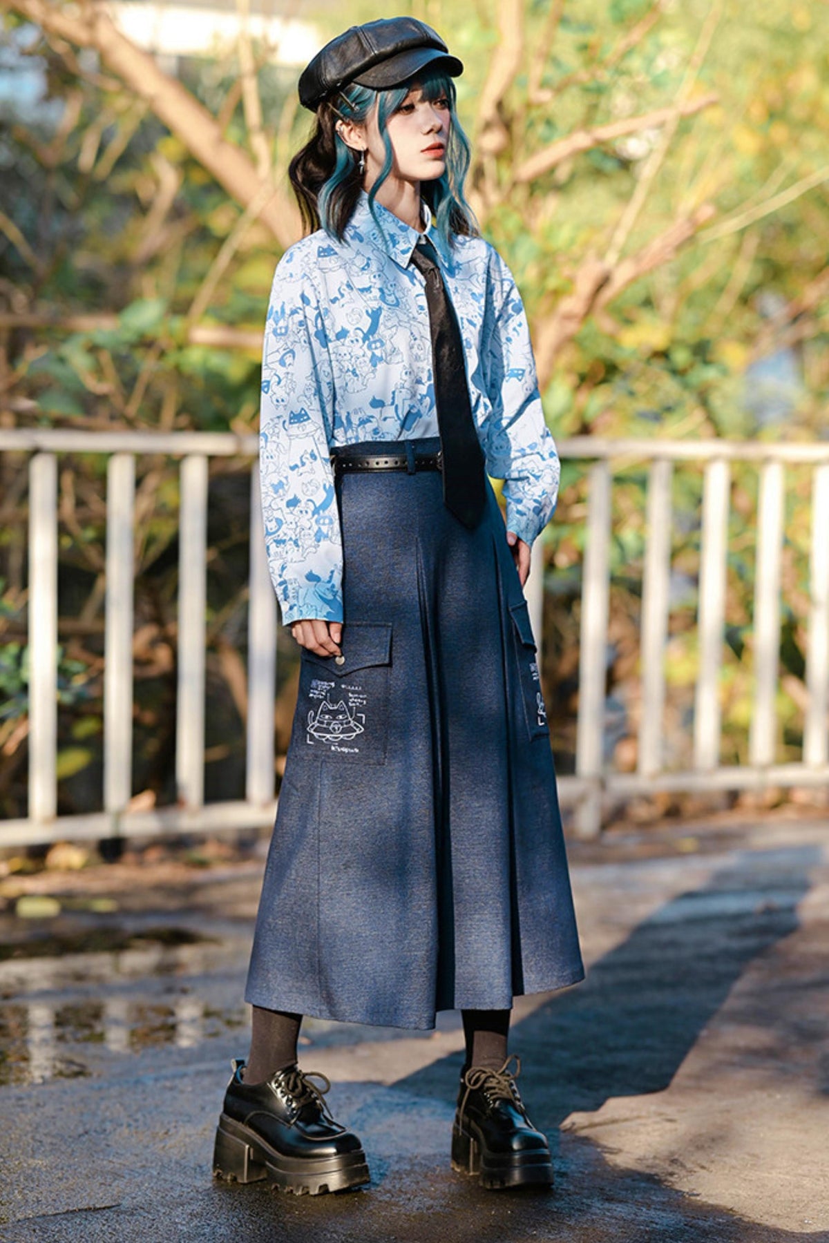 Cat Print Denim Skirt