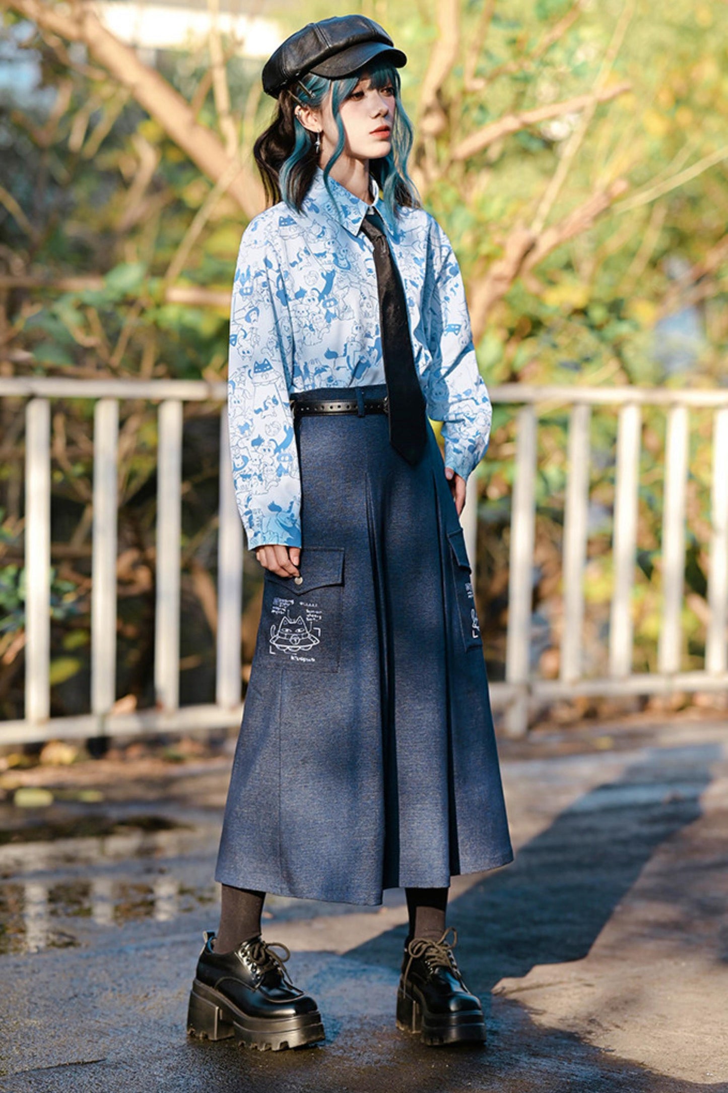 Cat Print Denim Skirt