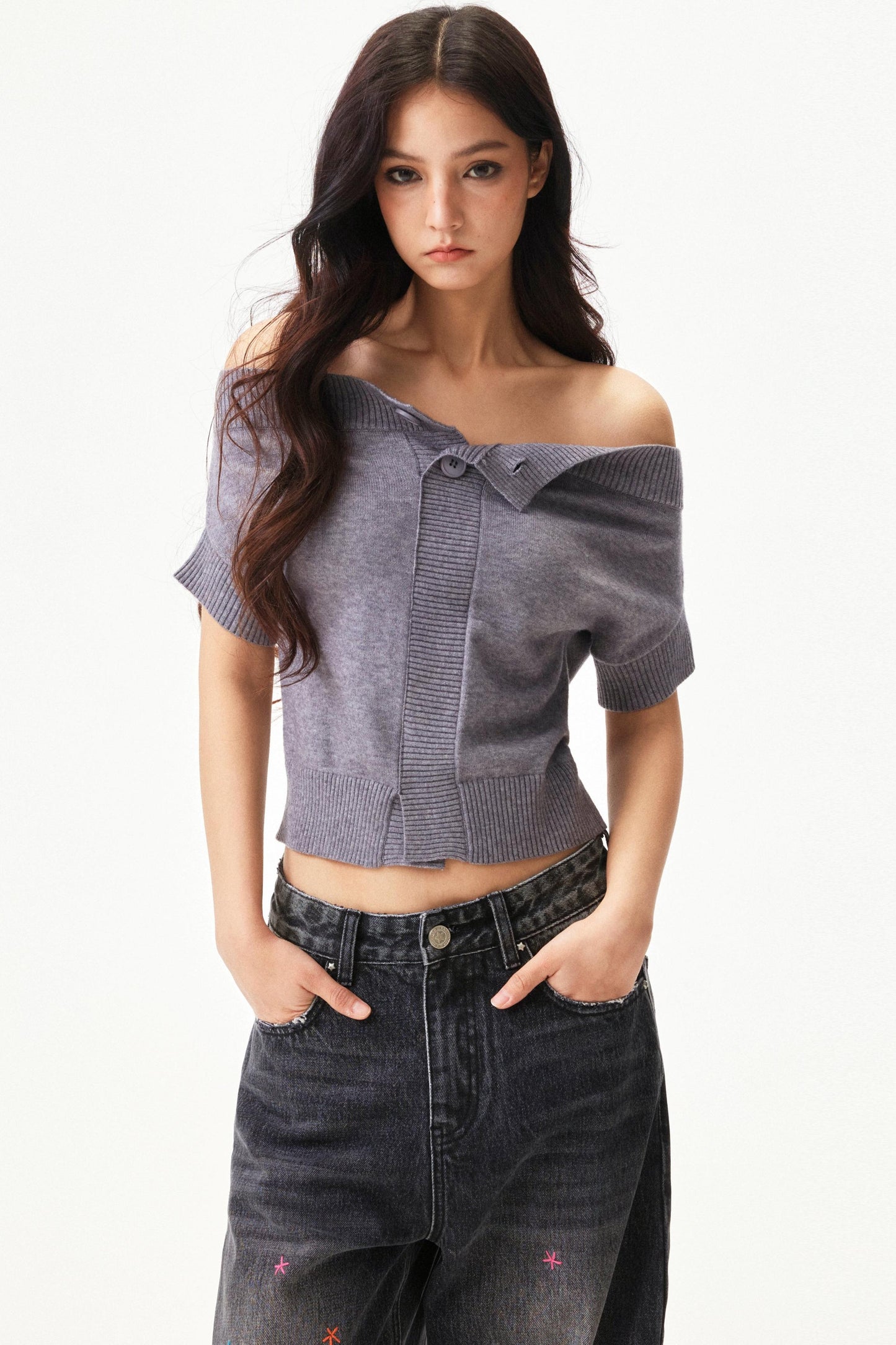 Wool blend off-shoulder top