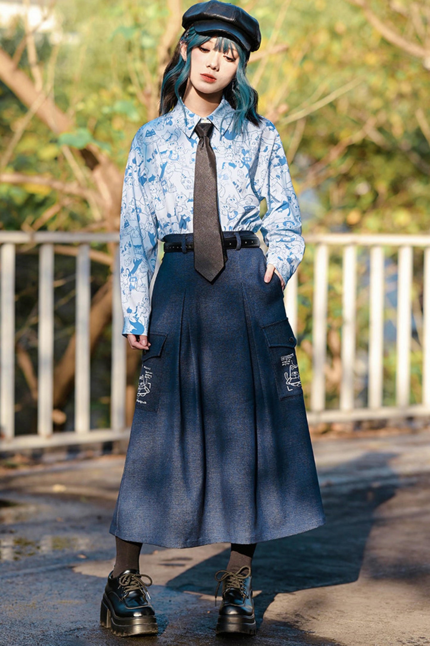 Cat Print Denim Skirt