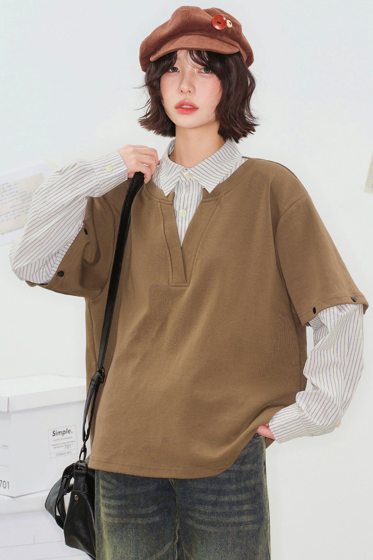 Color Block Detachable Sleeve Top Brown