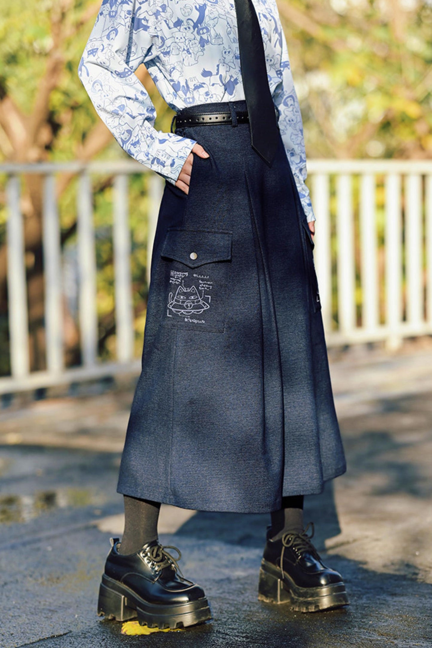 Cat Print Denim Skirt