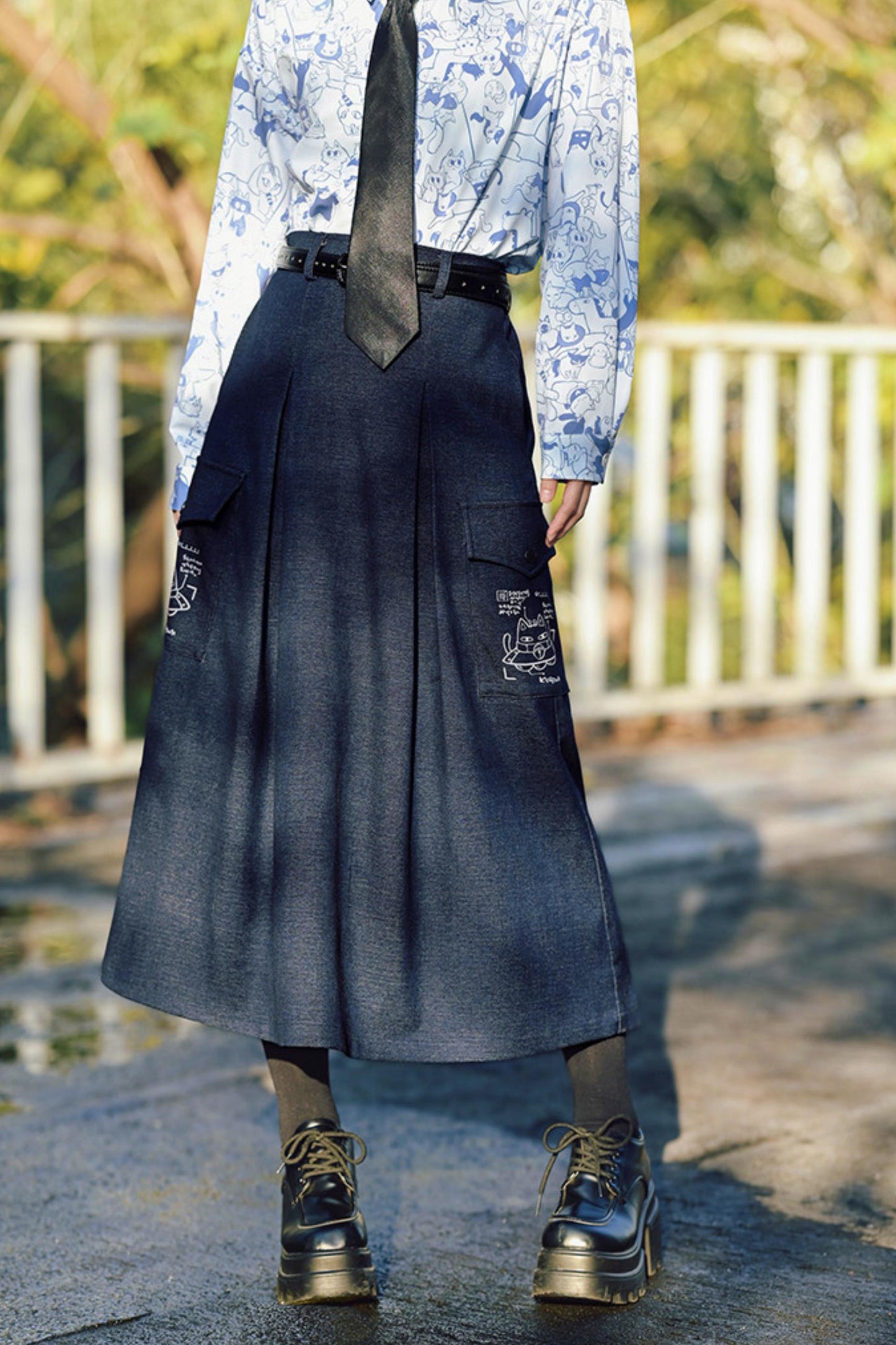 Cat Print Denim Skirt