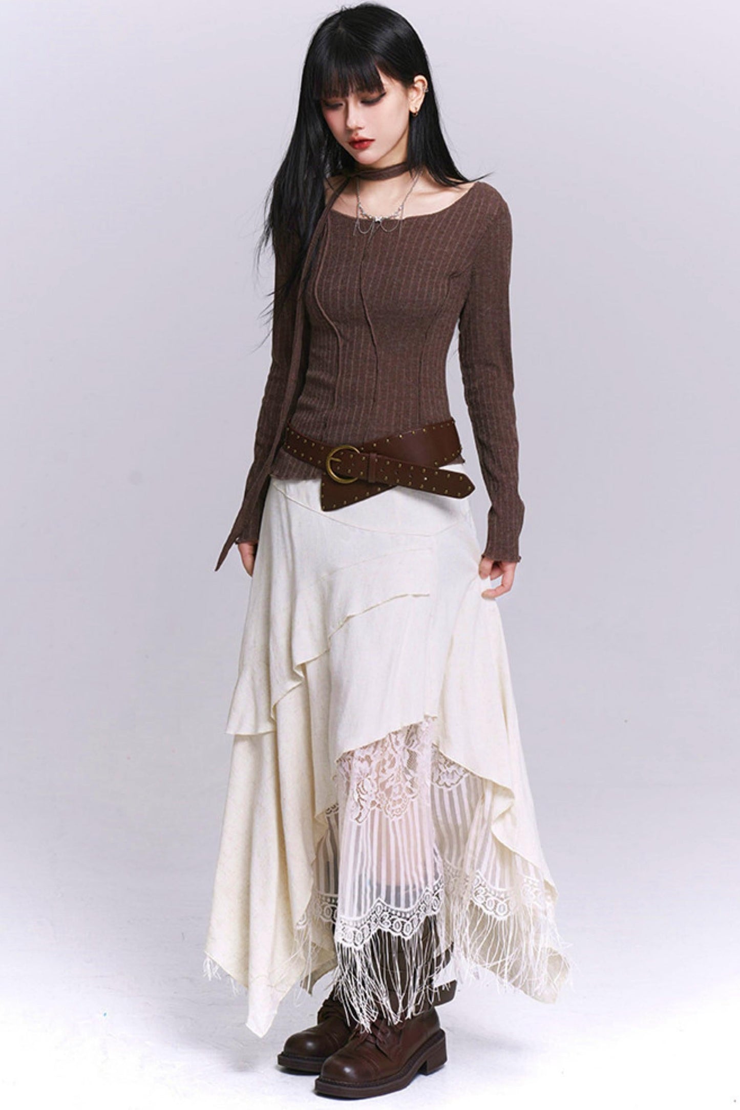Apricot Irregular Tassel Skirt