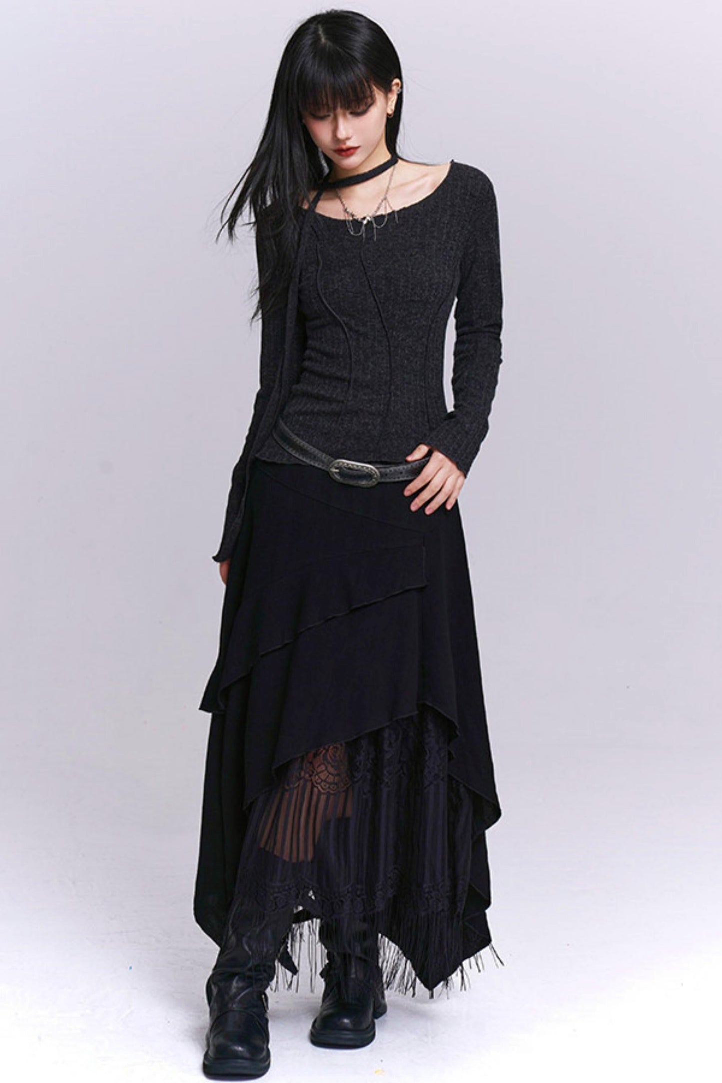 Apricot Irregular Tassel Skirt