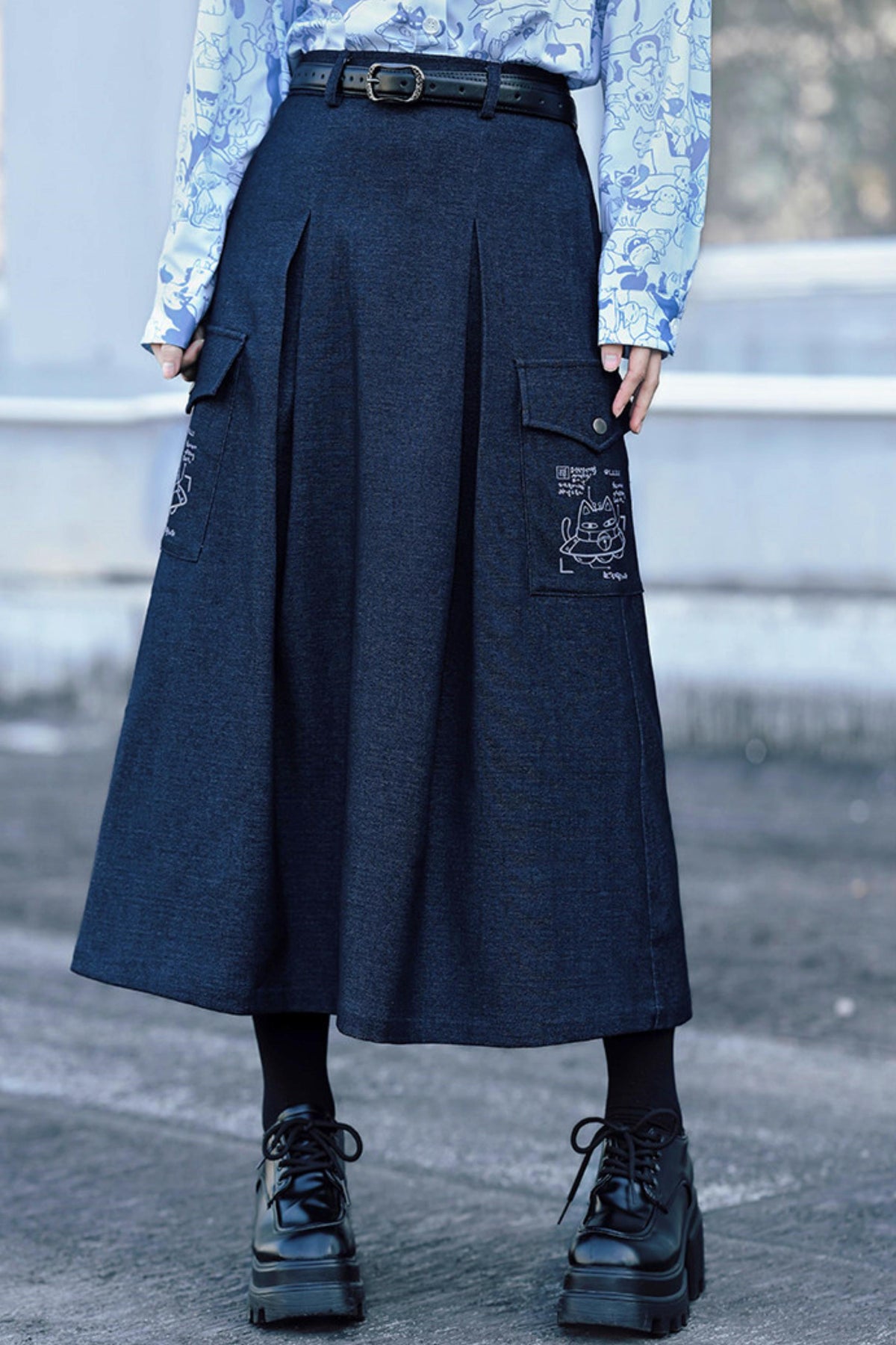 Cat Print Denim Skirt Navy