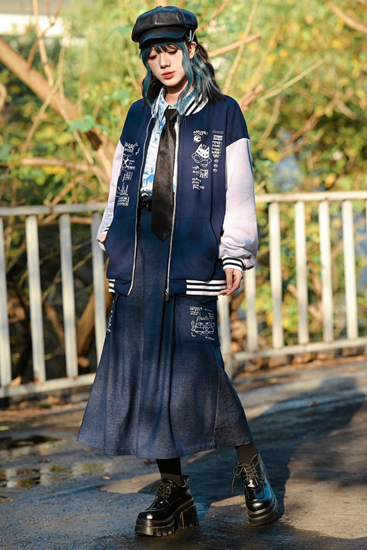 Cat Print Denim Skirt