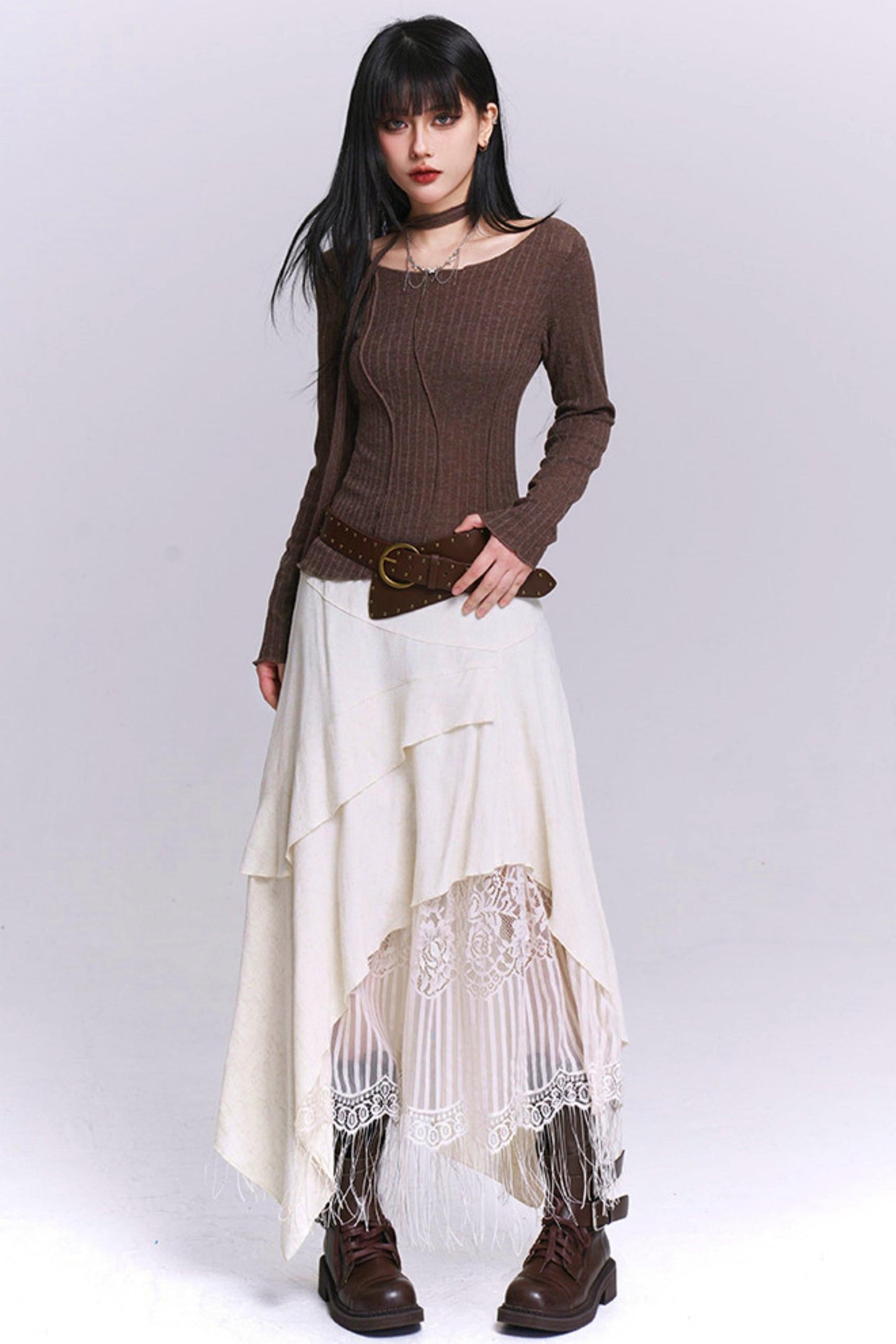 Apricot Irregular Tassel Skirt