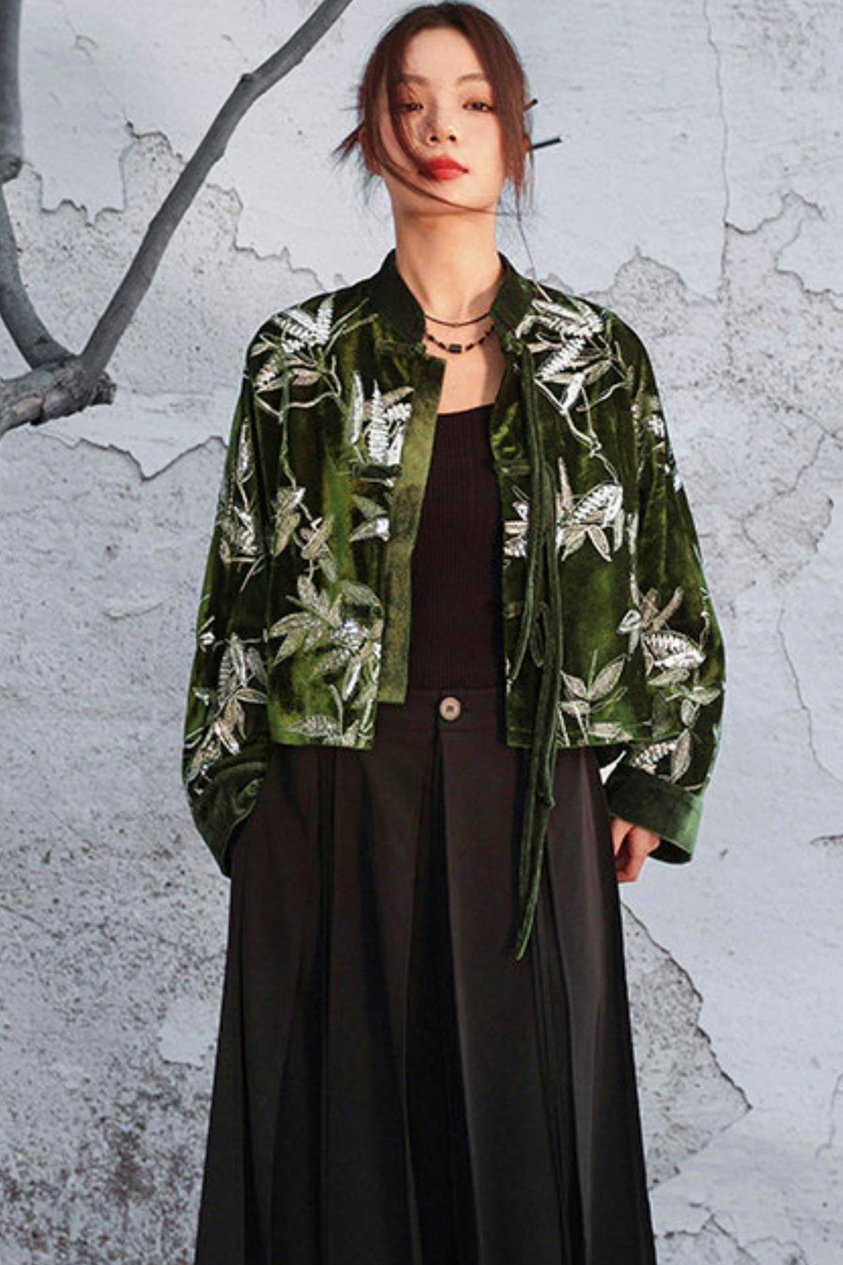 Bamboo Leaf Velvet Jacket Green
