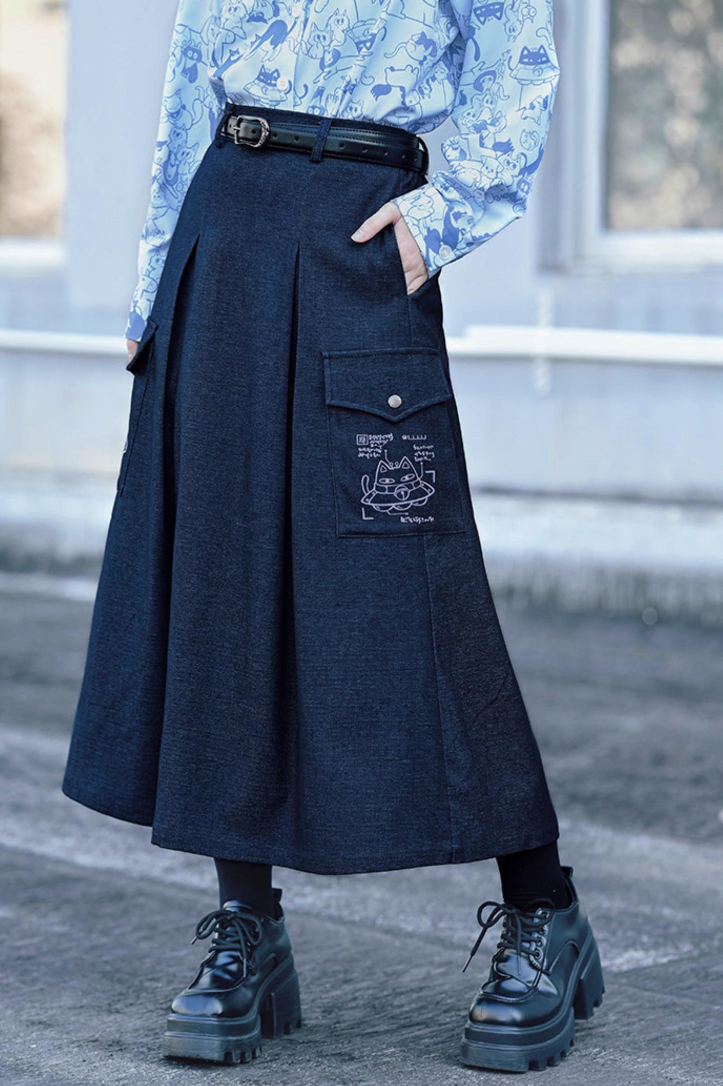 Cat Print Denim Skirt