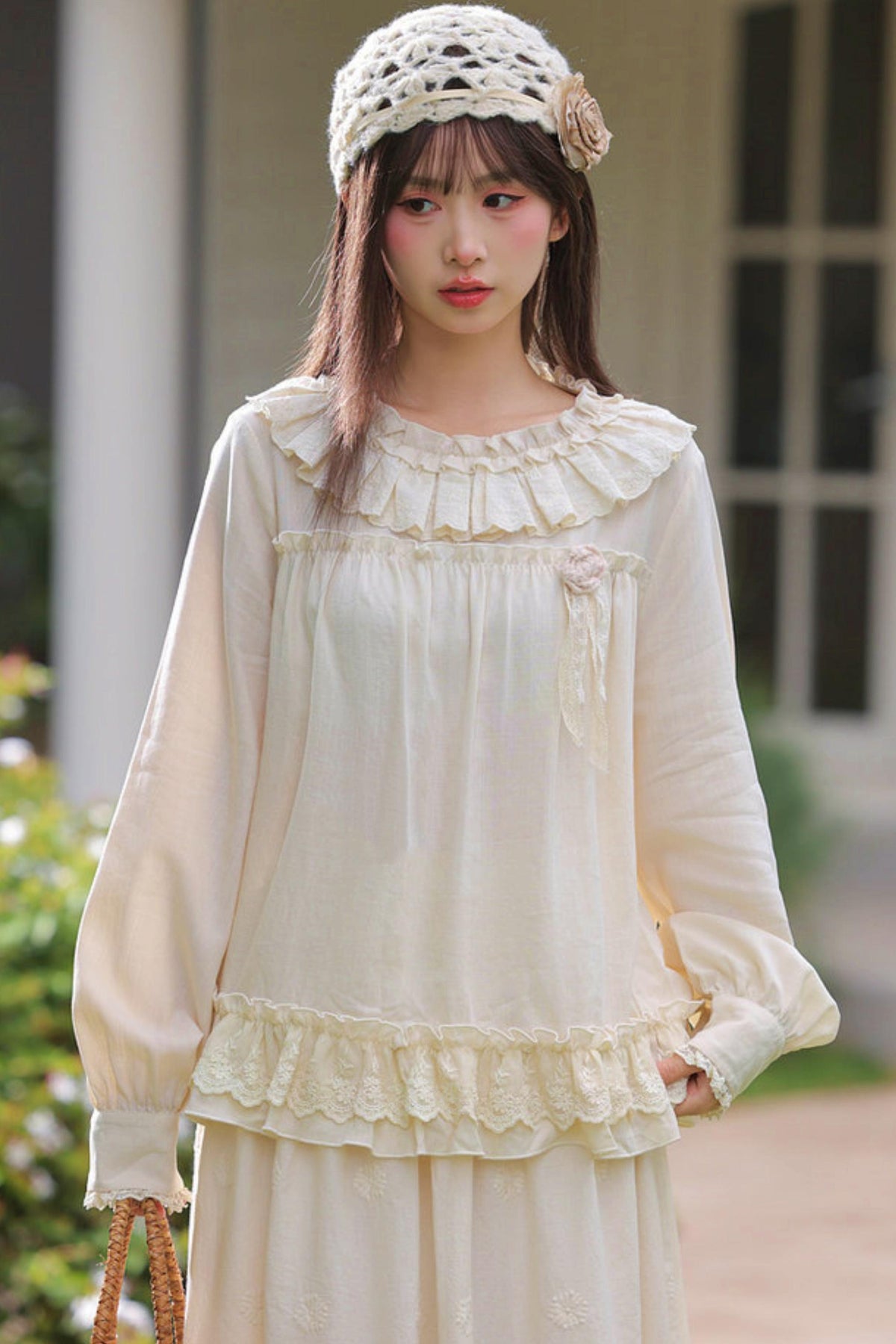 Lyocell Lace Trim Blouse Off-White