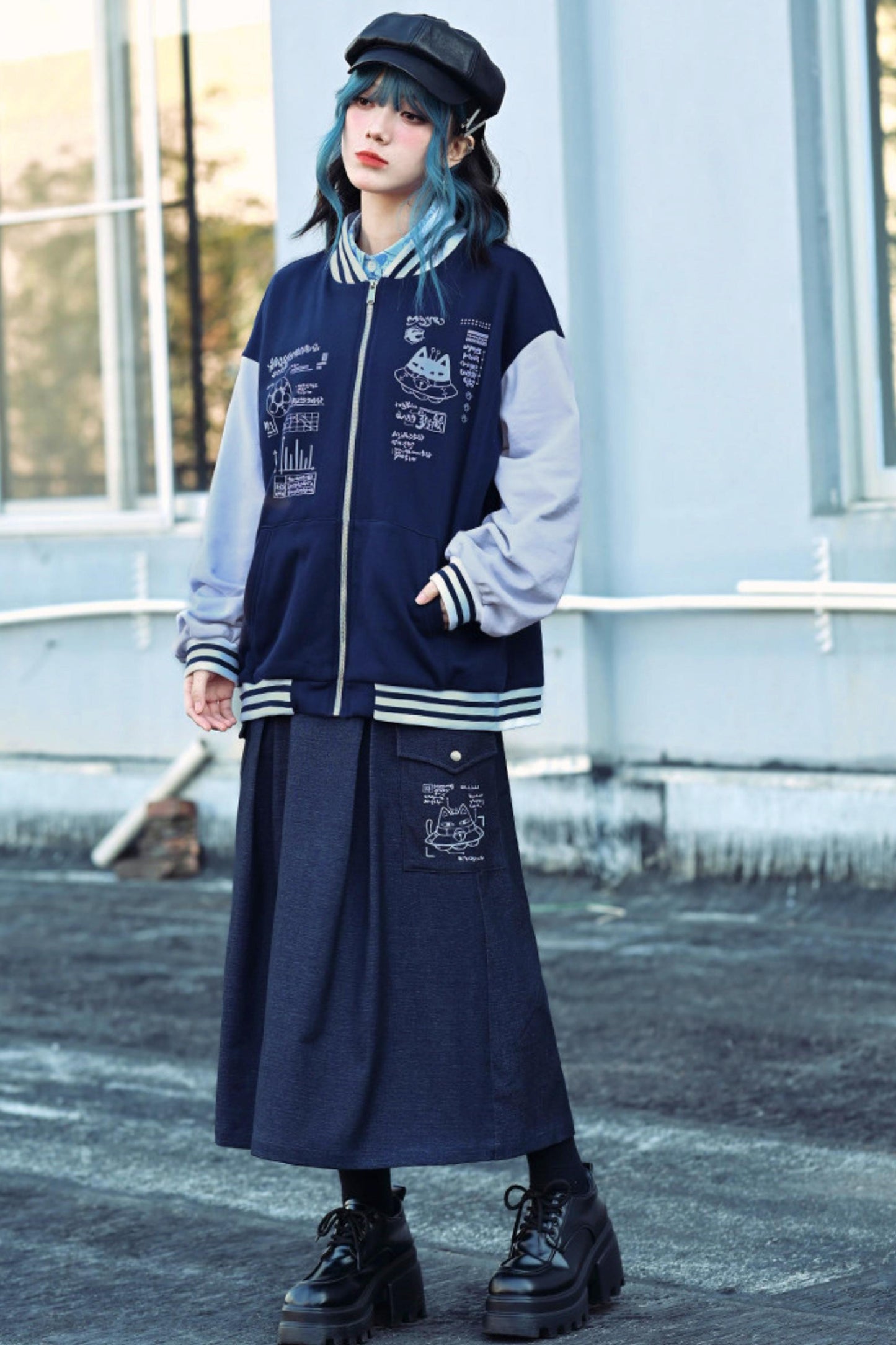 Cat Print Denim Skirt