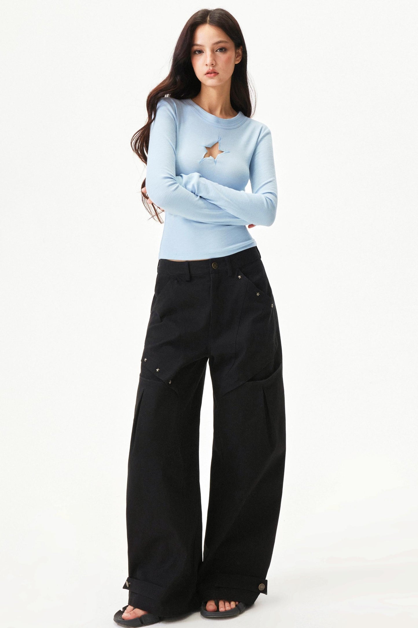 Star knit deconstructed twill pants