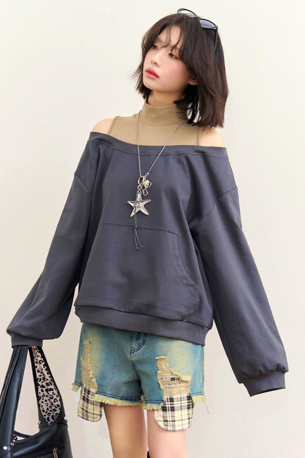 Patchwork Color Block Off-Shoulder Top