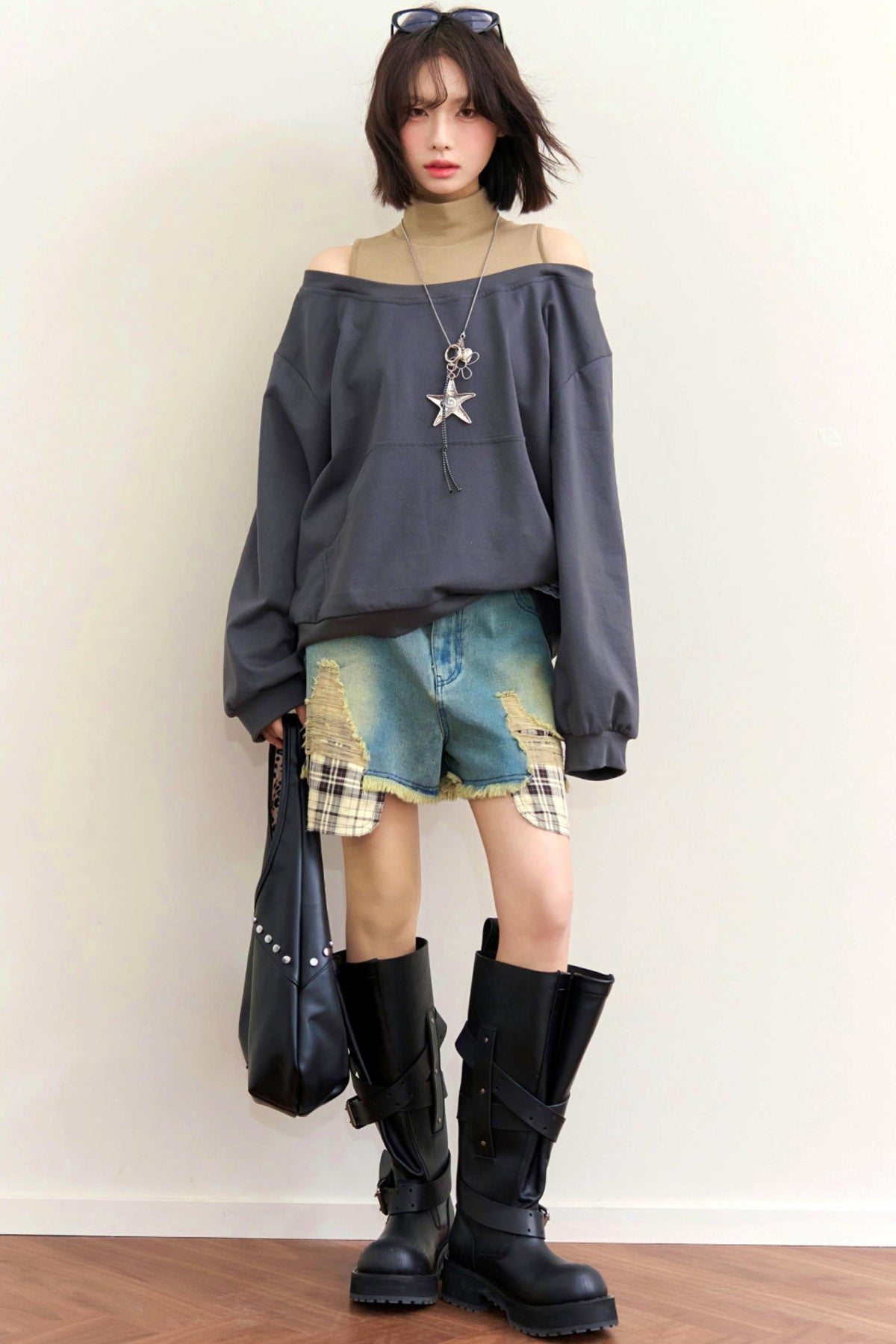 Patchwork Color Block Off-Shoulder Top