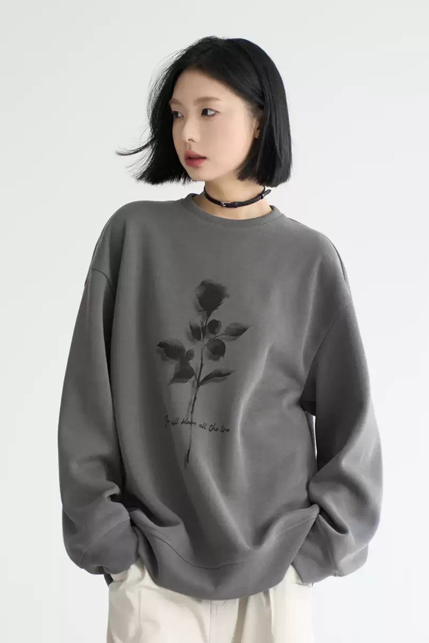 Fall Rose Print Crew Neck Sweatshirt