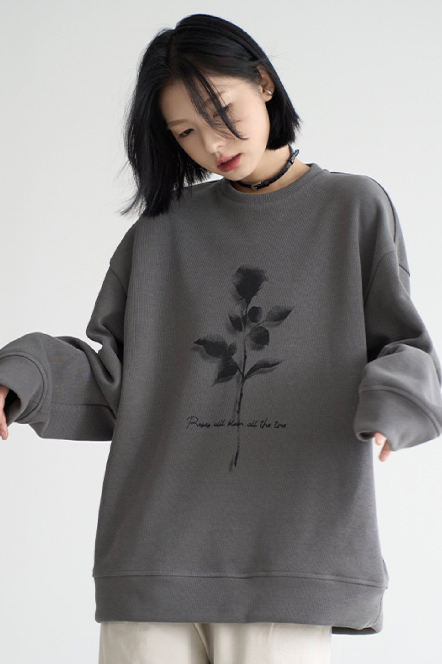 Fall Rose Print Crew Neck Sweatshirt