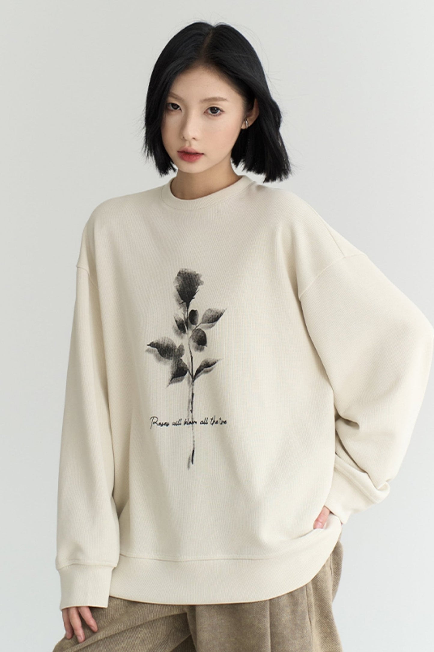 Fall Rose Print Crew Neck Sweatshirt APRICOT