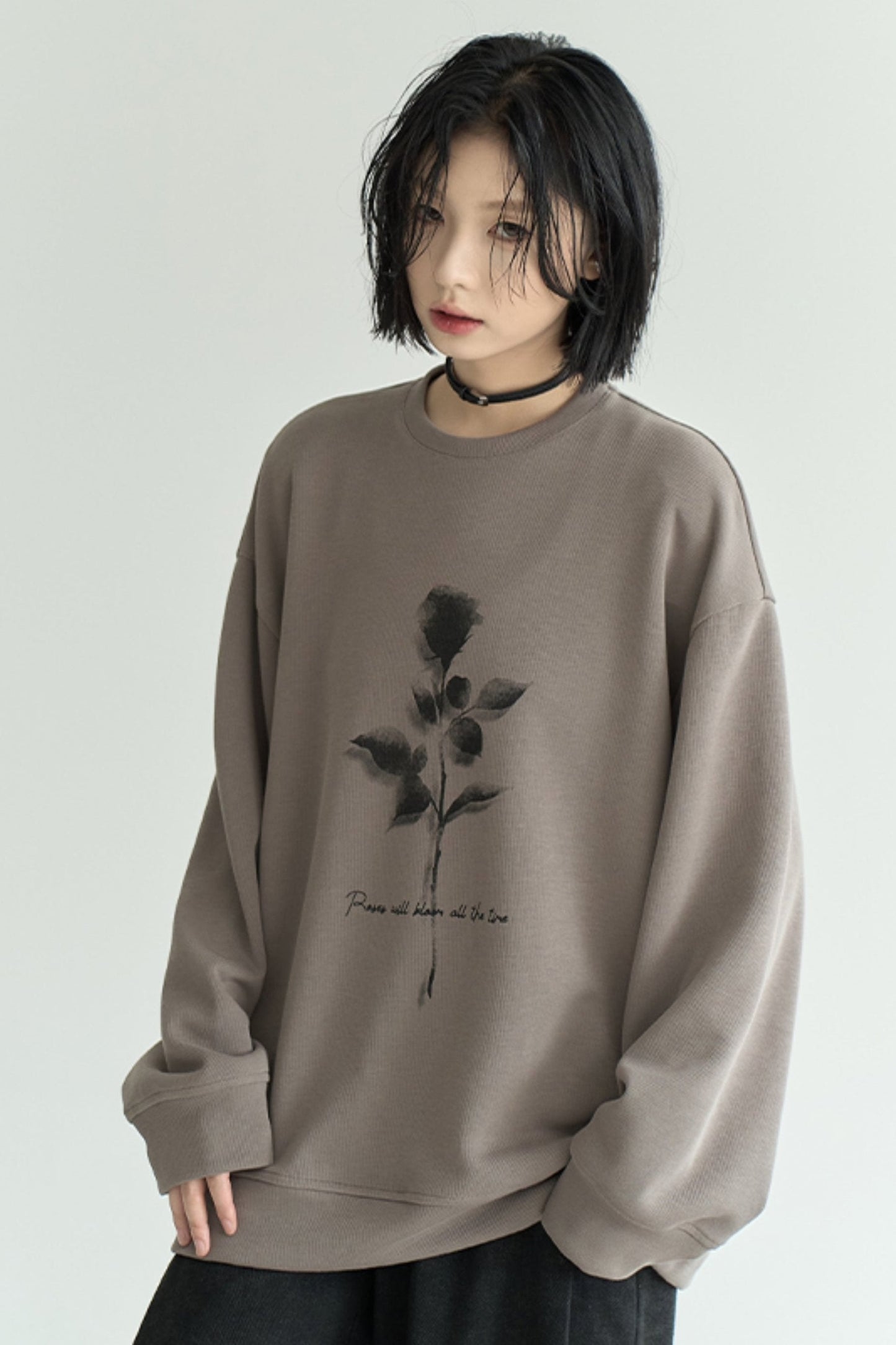 Fall Rose Print Crew Neck Sweatshirt Light Coffee