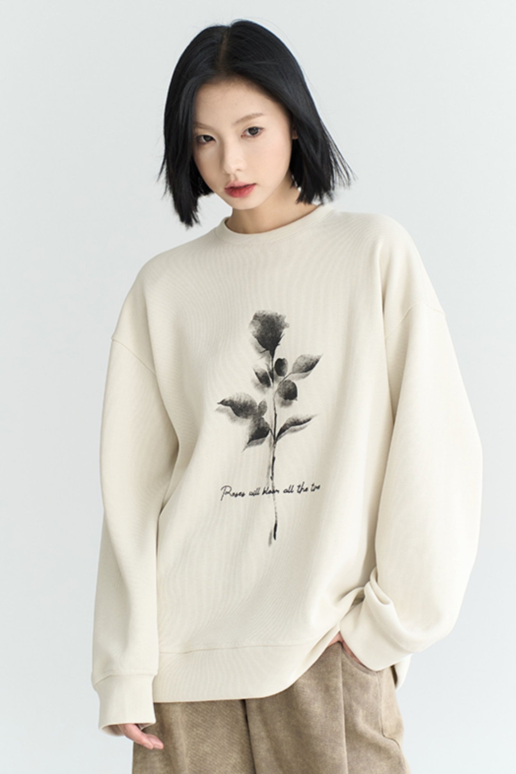 Fall Rose Print Crew Neck Sweatshirt