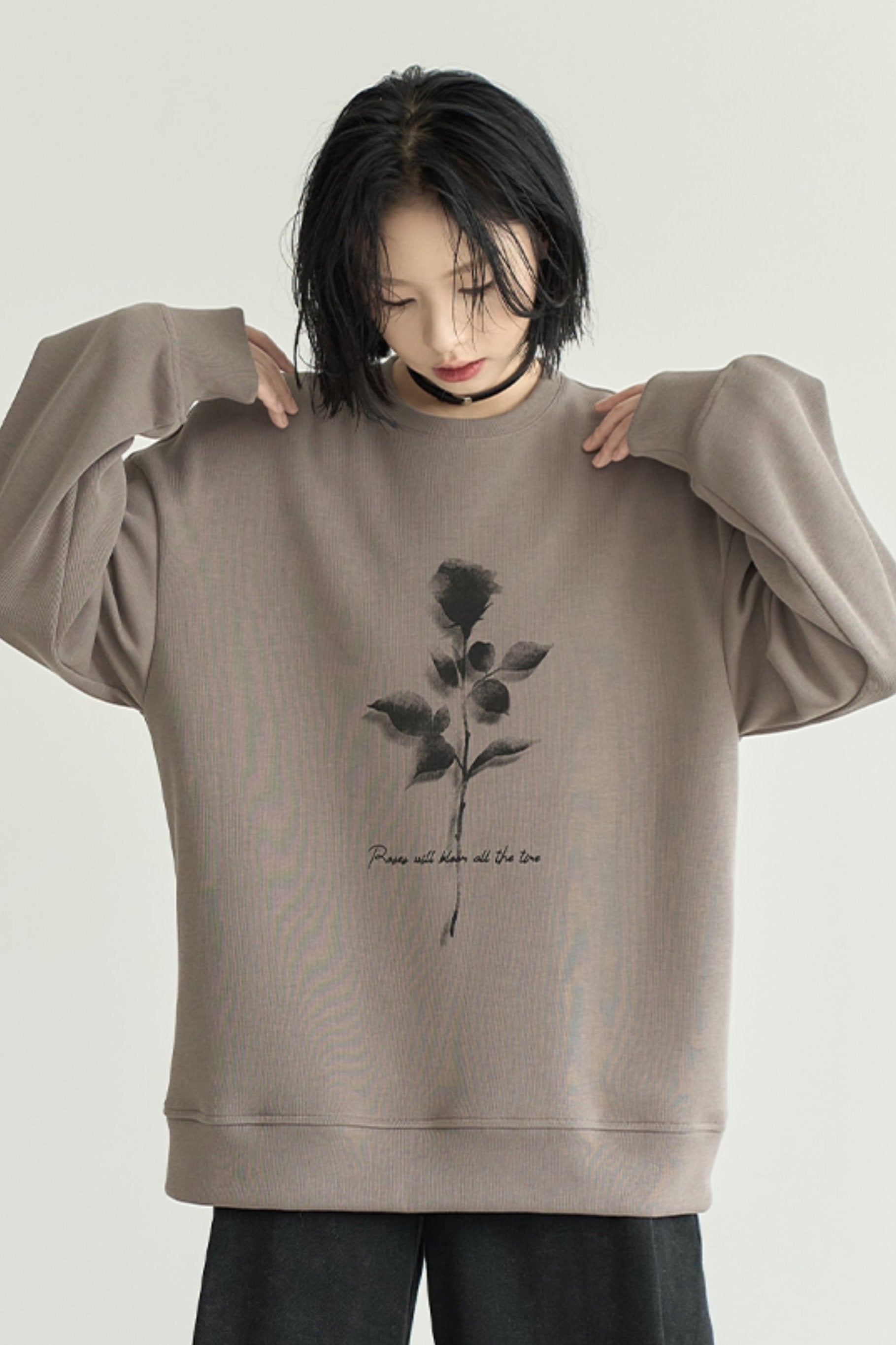 Fall Rose Print Crew Neck Sweatshirt