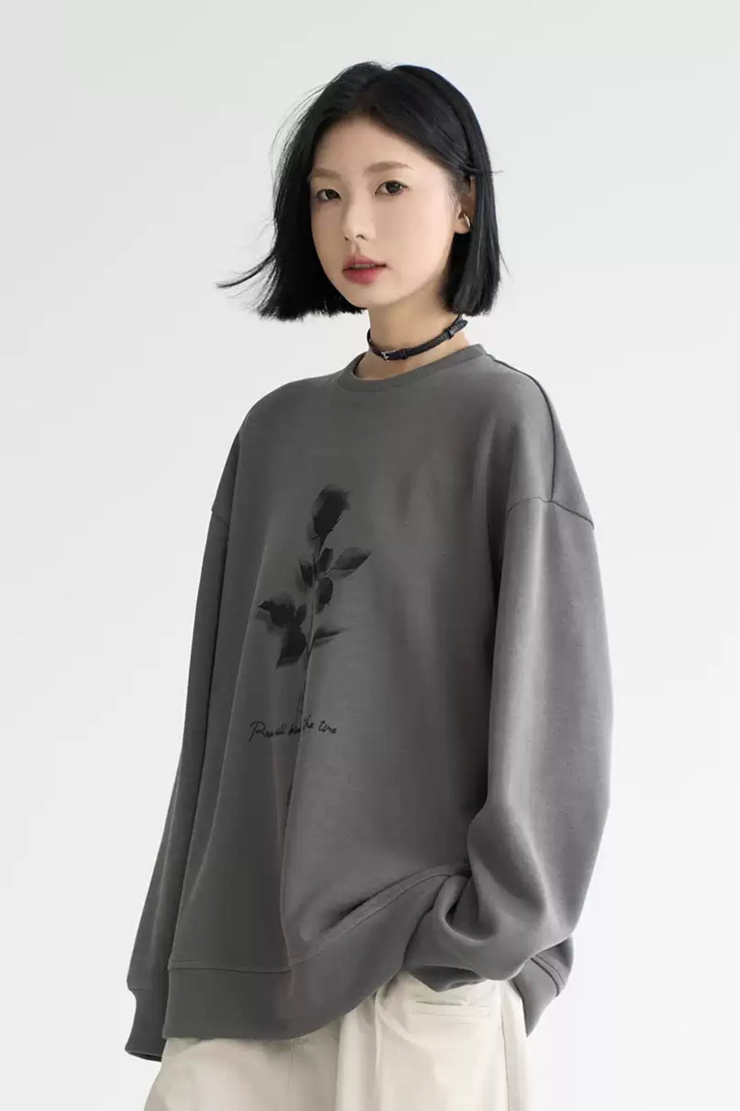 Fall Rose Print Crew Neck Sweatshirt Gray