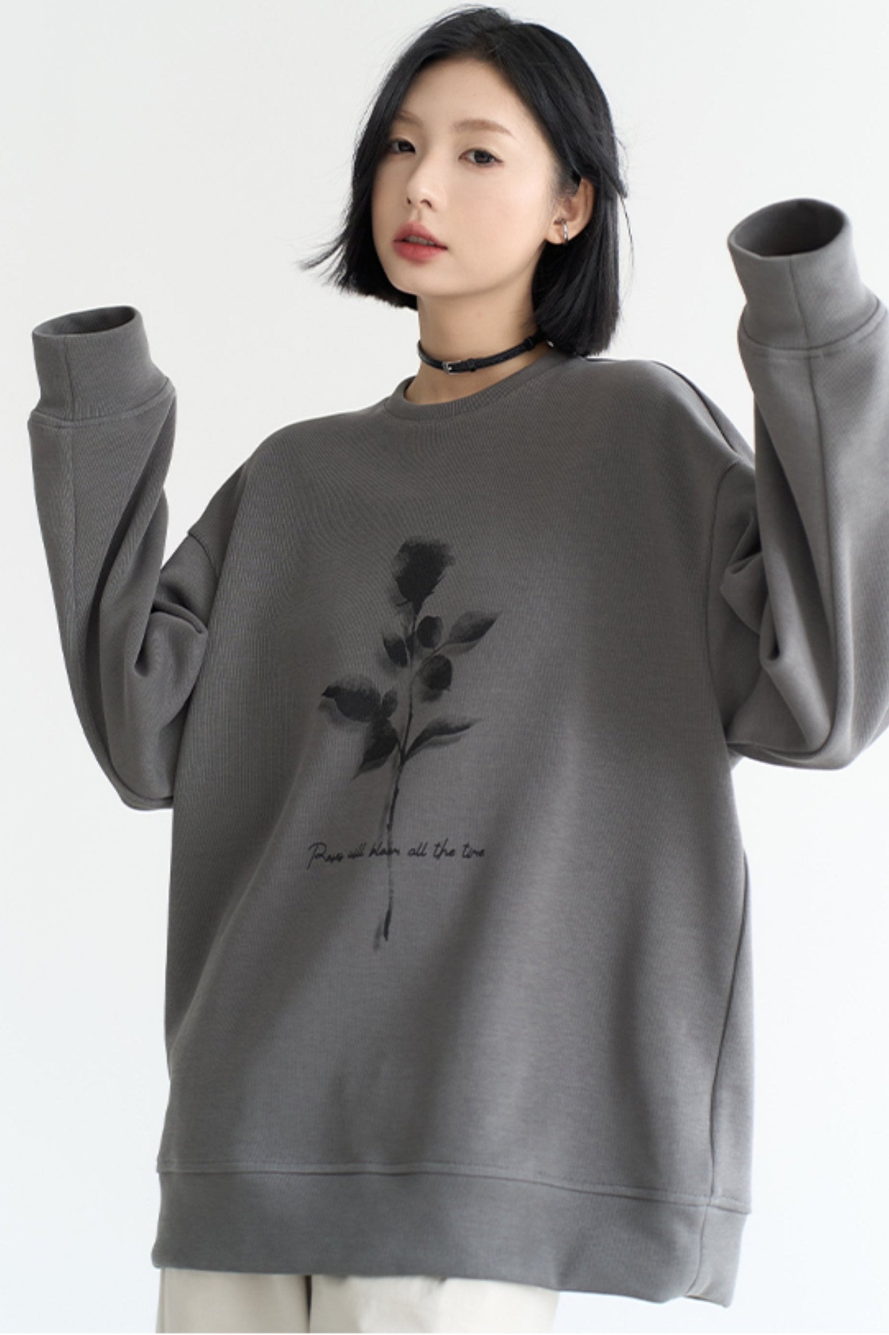 Fall Rose Print Crew Neck Sweatshirt