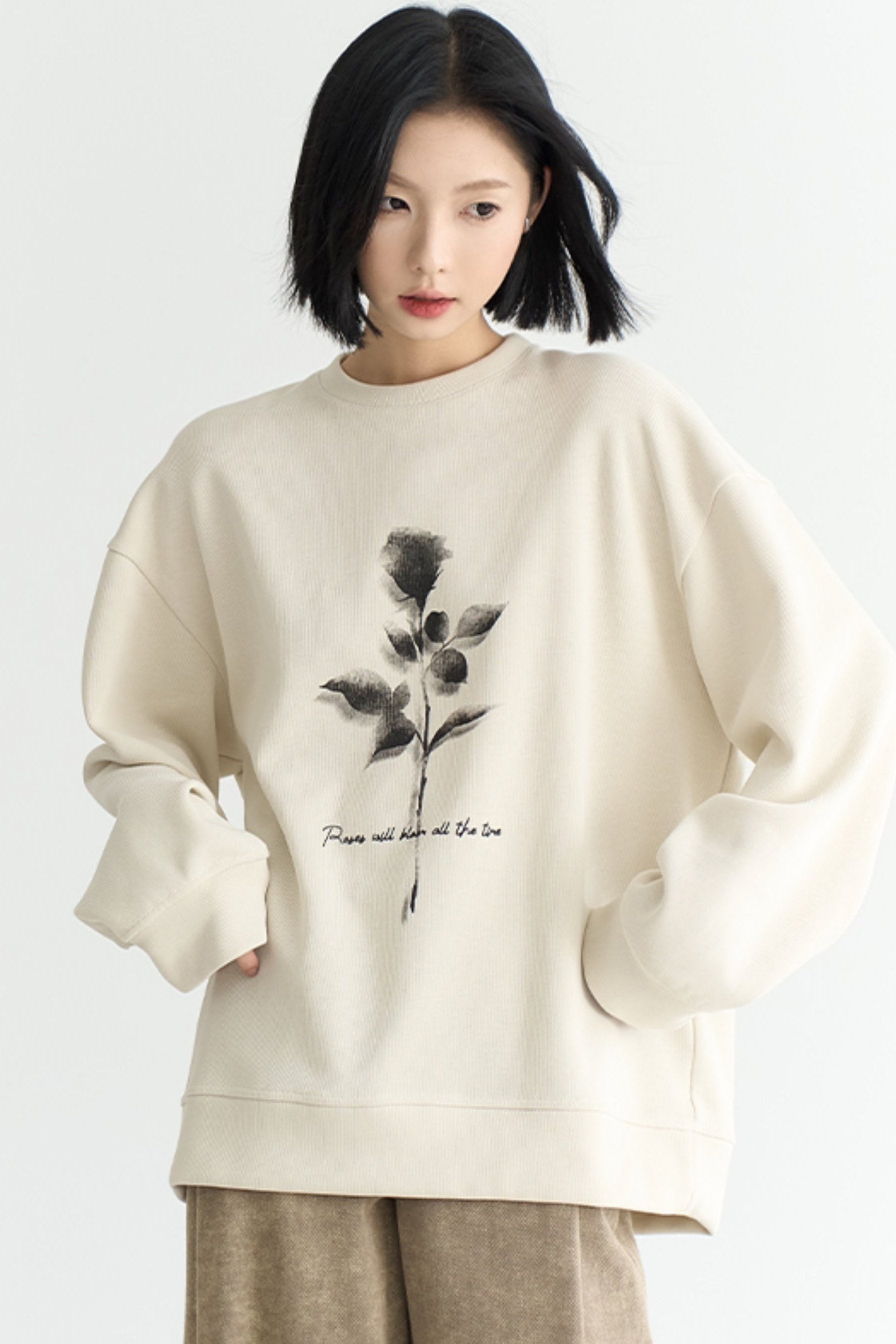 Fall Rose Print Crew Neck Sweatshirt