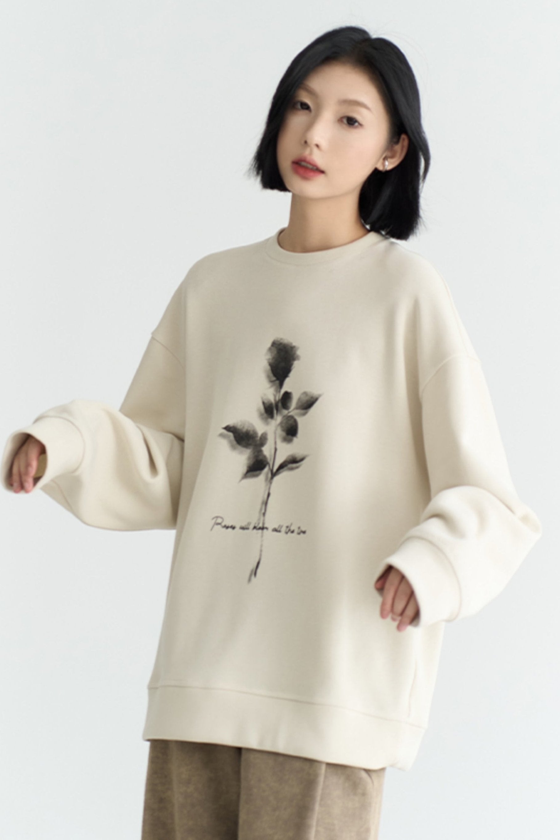 Fall Rose Print Crew Neck Sweatshirt