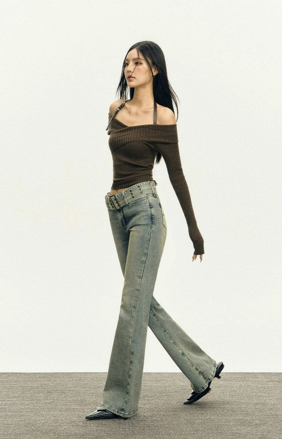 Ribbed Off-Shoulder Brown Knit Top